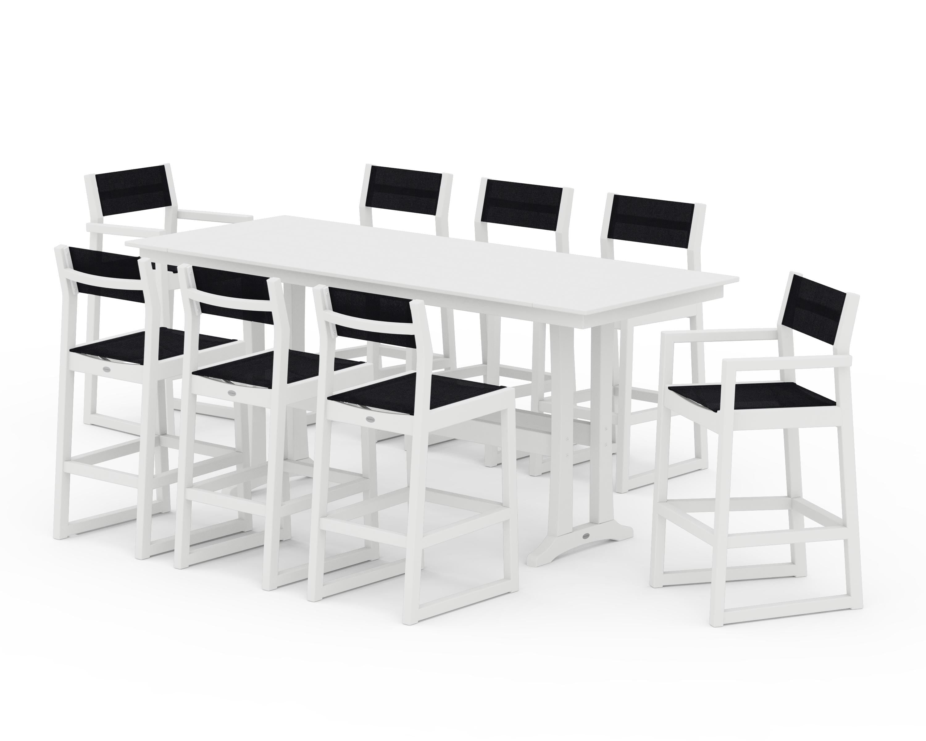 POLYWOOD EDGE Sling 9-Piece Farmhouse Bar Set with Trestle Legs in White / Black Sling