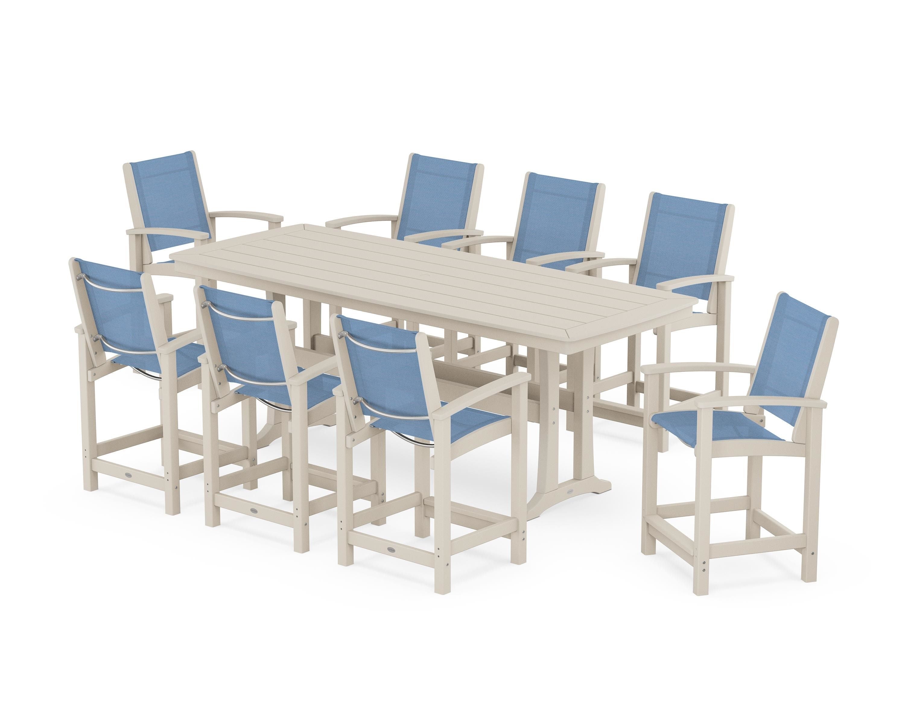 POLYWOOD Coastal 9-Piece Counter Set with Trestle Legs in Sand / Poolside Sling