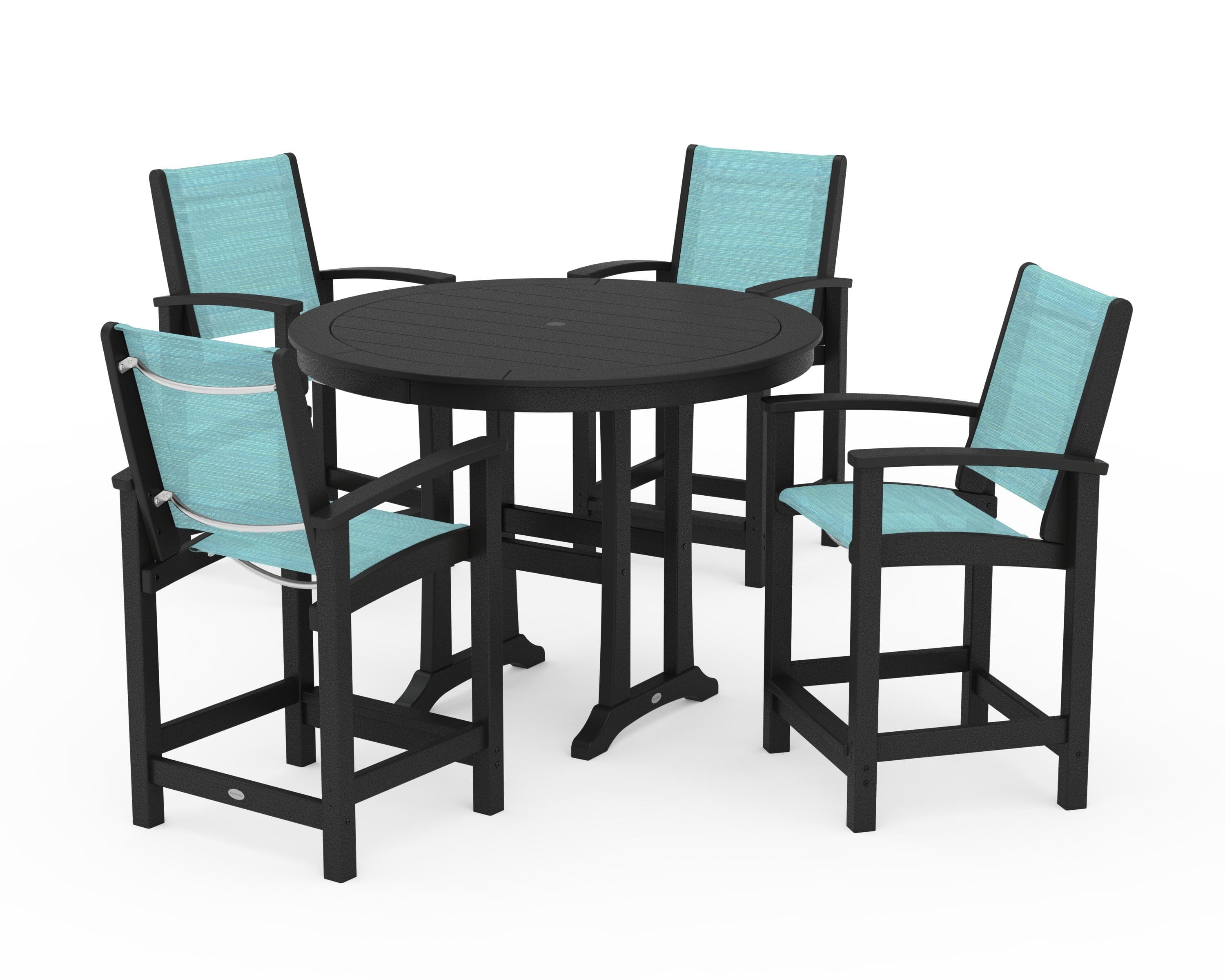 POLYWOOD Coastal 5-Piece Counter Set in Black / Dupioni Aquamarine Sling