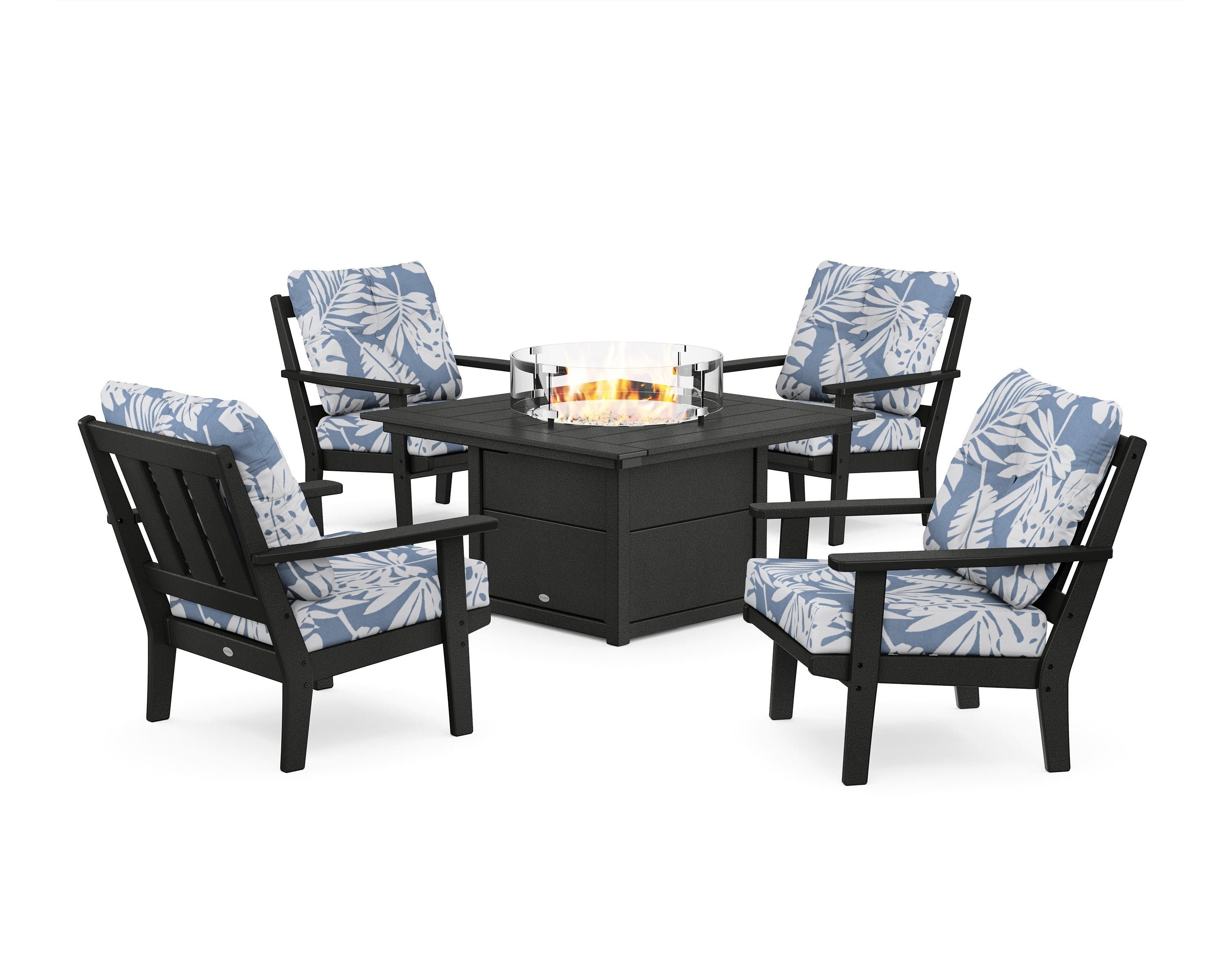 POLYWOOD Oxford 5-Piece Deep Seating Set with Fire Pit Table in Black / Leaf Sky Blue