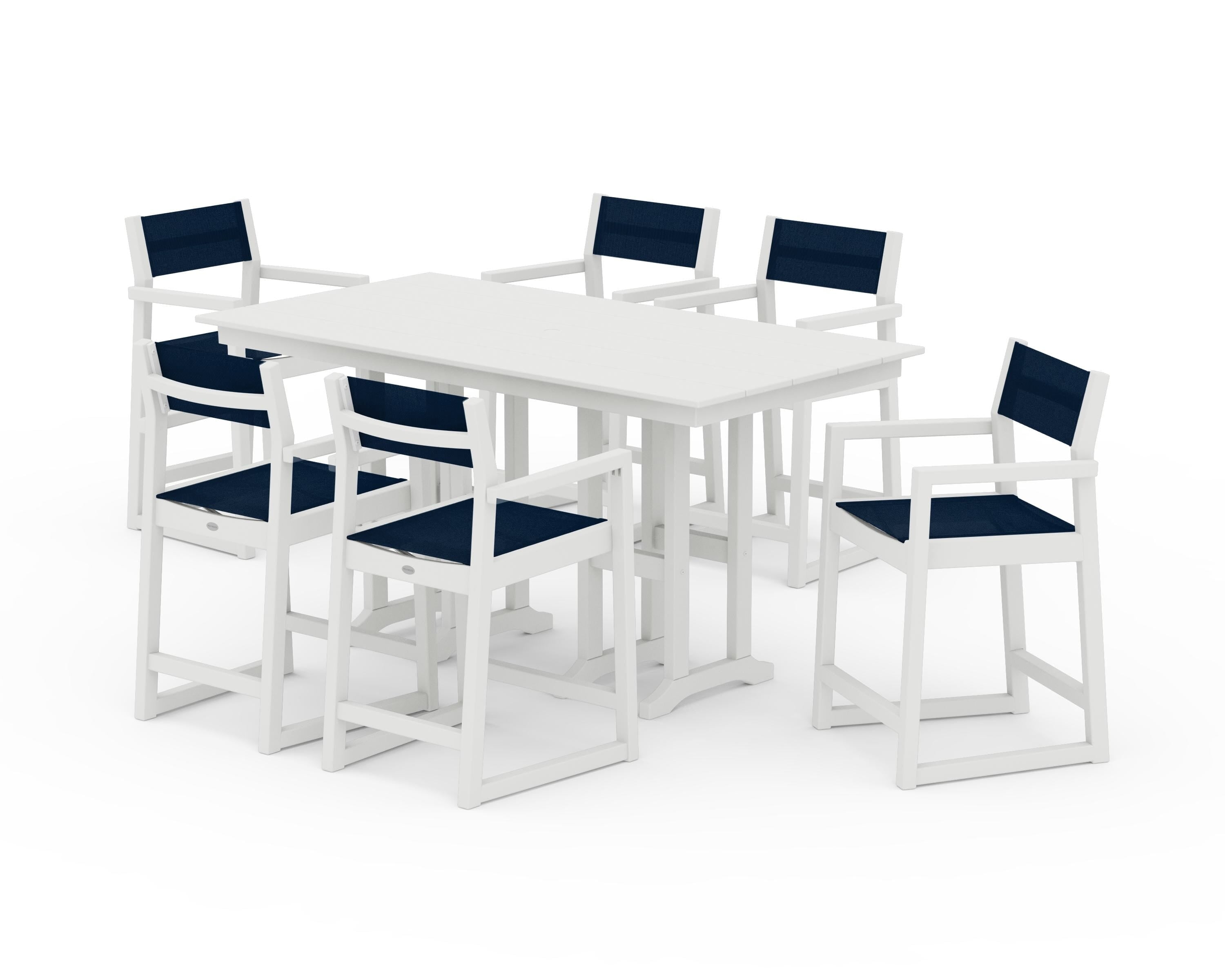 POLYWOOD EDGE Sling Arm Chair 7-Piece Farmhouse Counter Set in Vintage White / Navy Blue Sling