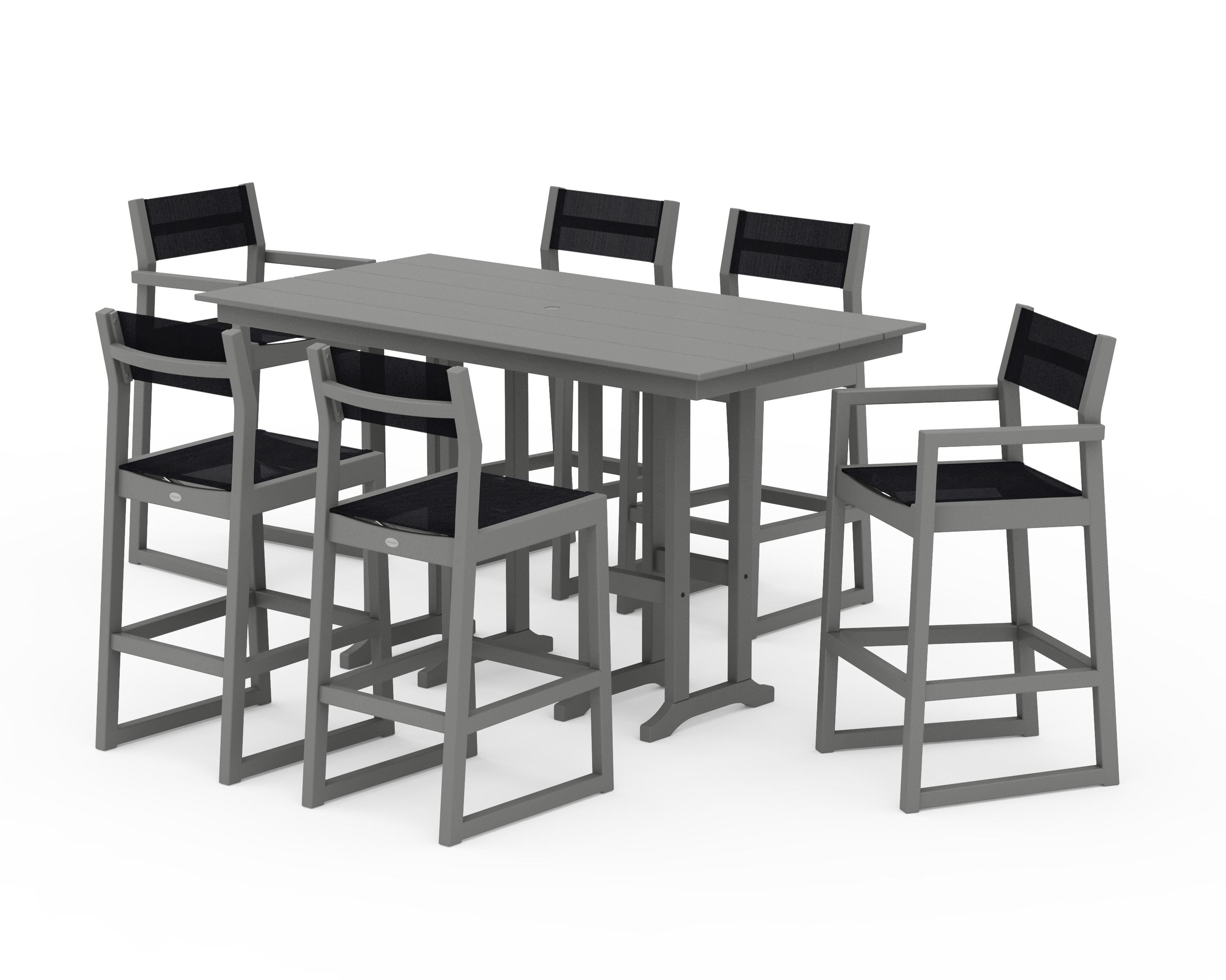 POLYWOOD EDGE Sling 7-Piece Farmhouse Bar Set in Slate Grey / Black Sling