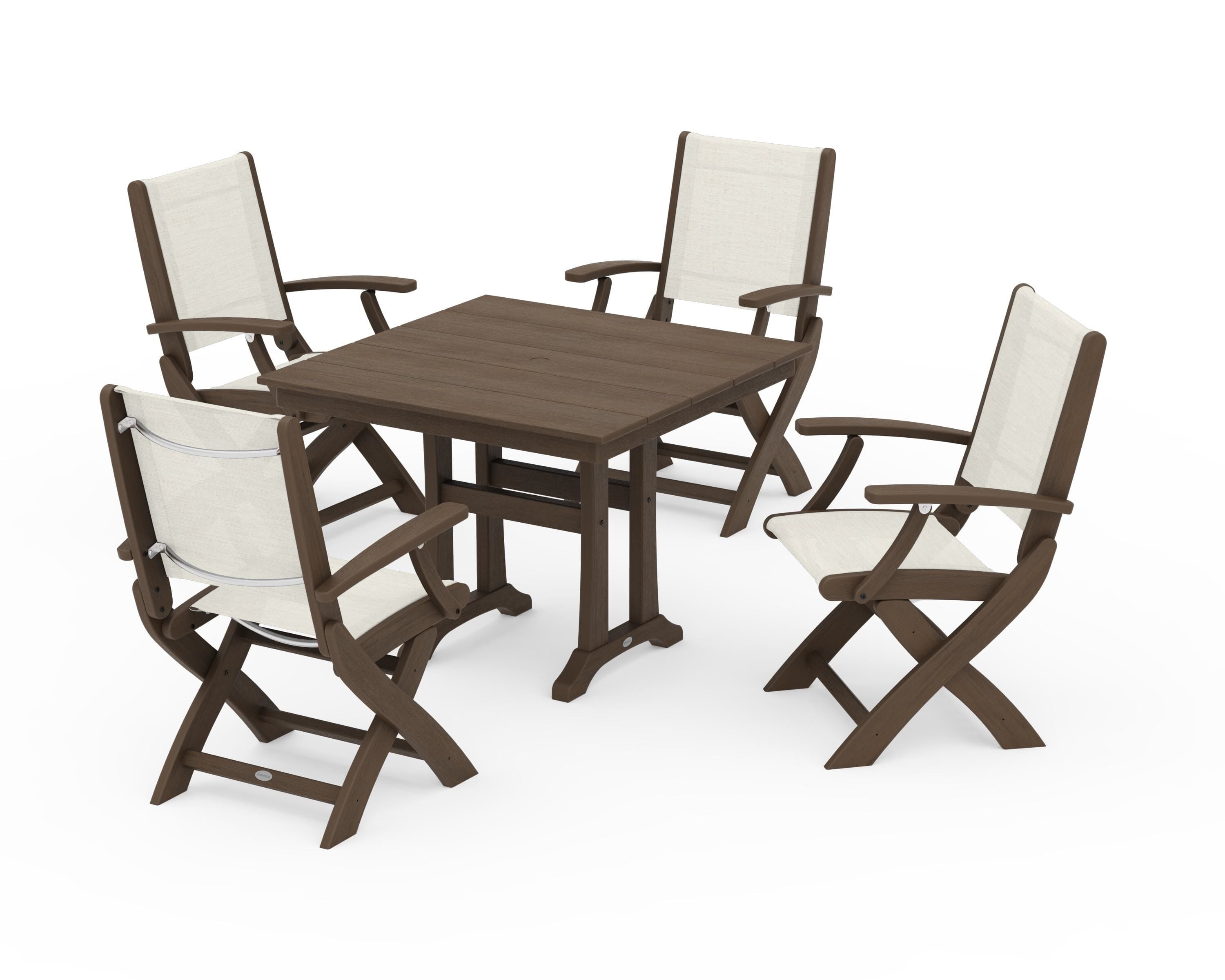 POLYWOOD Coastal Folding Chair 5-Piece Farmhouse Dining Set With Trestle Legs in Kona / Parchment Sling