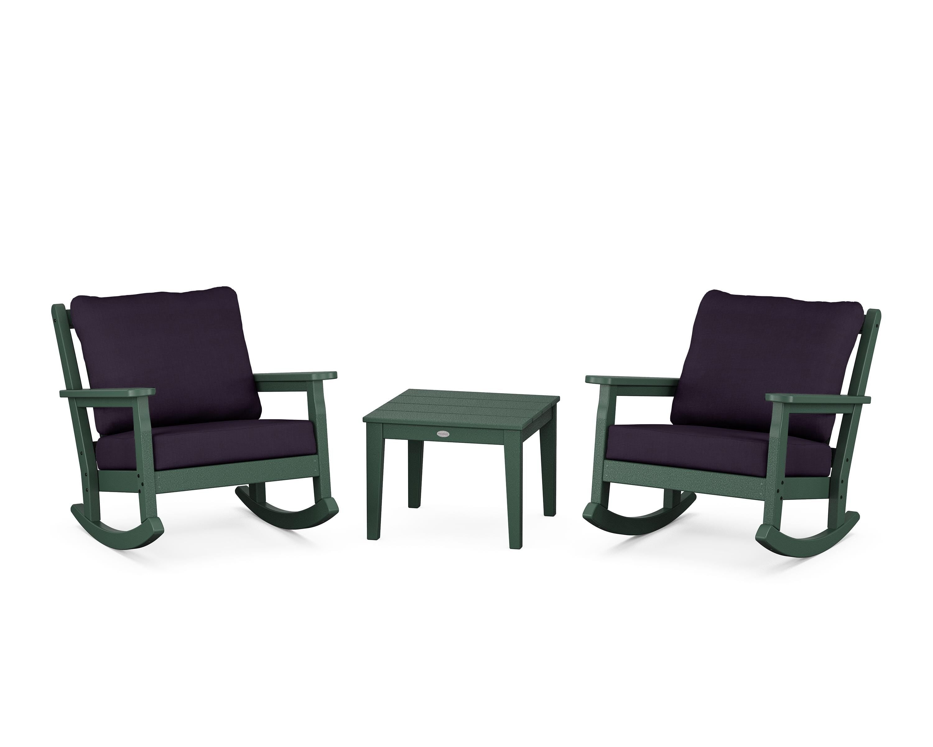 POLYWOOD Chippendale 3-Piece Deep Seating Rocker Set in Green / Navy Linen