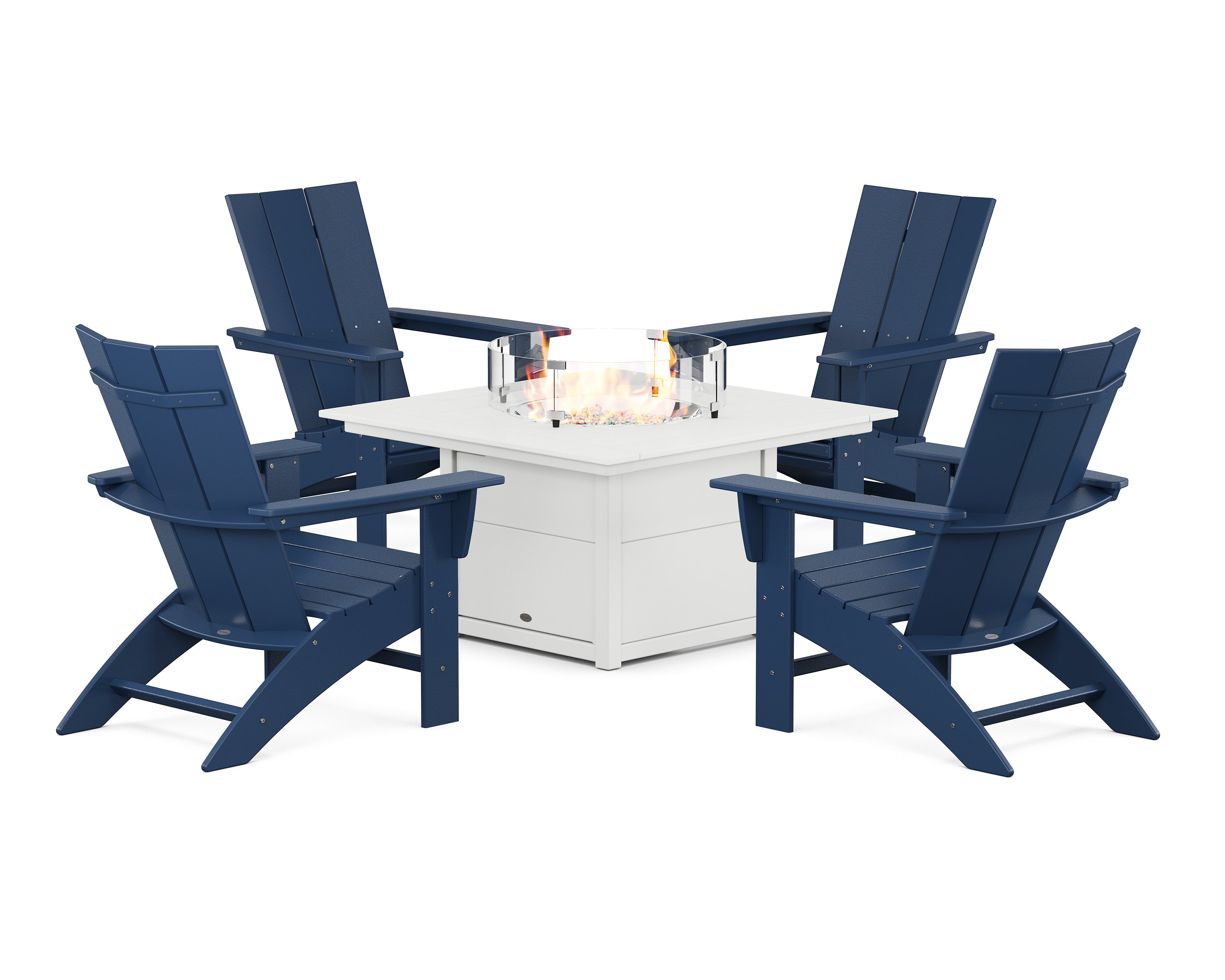 POLYWOOD® Modern Curveback Adirondack 5-Piece Conversation Set with Fire Pit Table in Navy / White