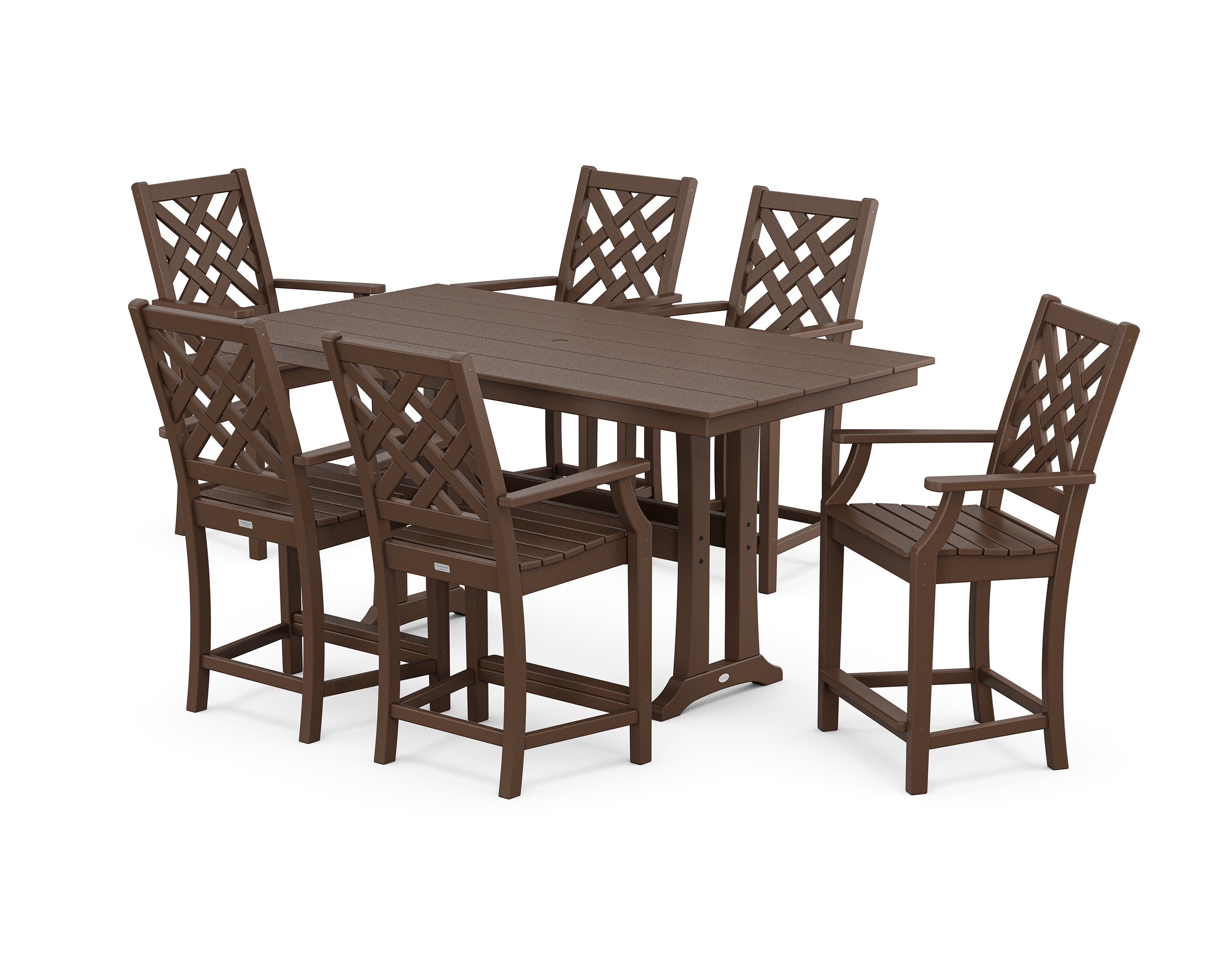 Country Living Wovendale Arm Chair 7-Piece Farmhouse Counter Set with Trestle Legs in Mahogany
