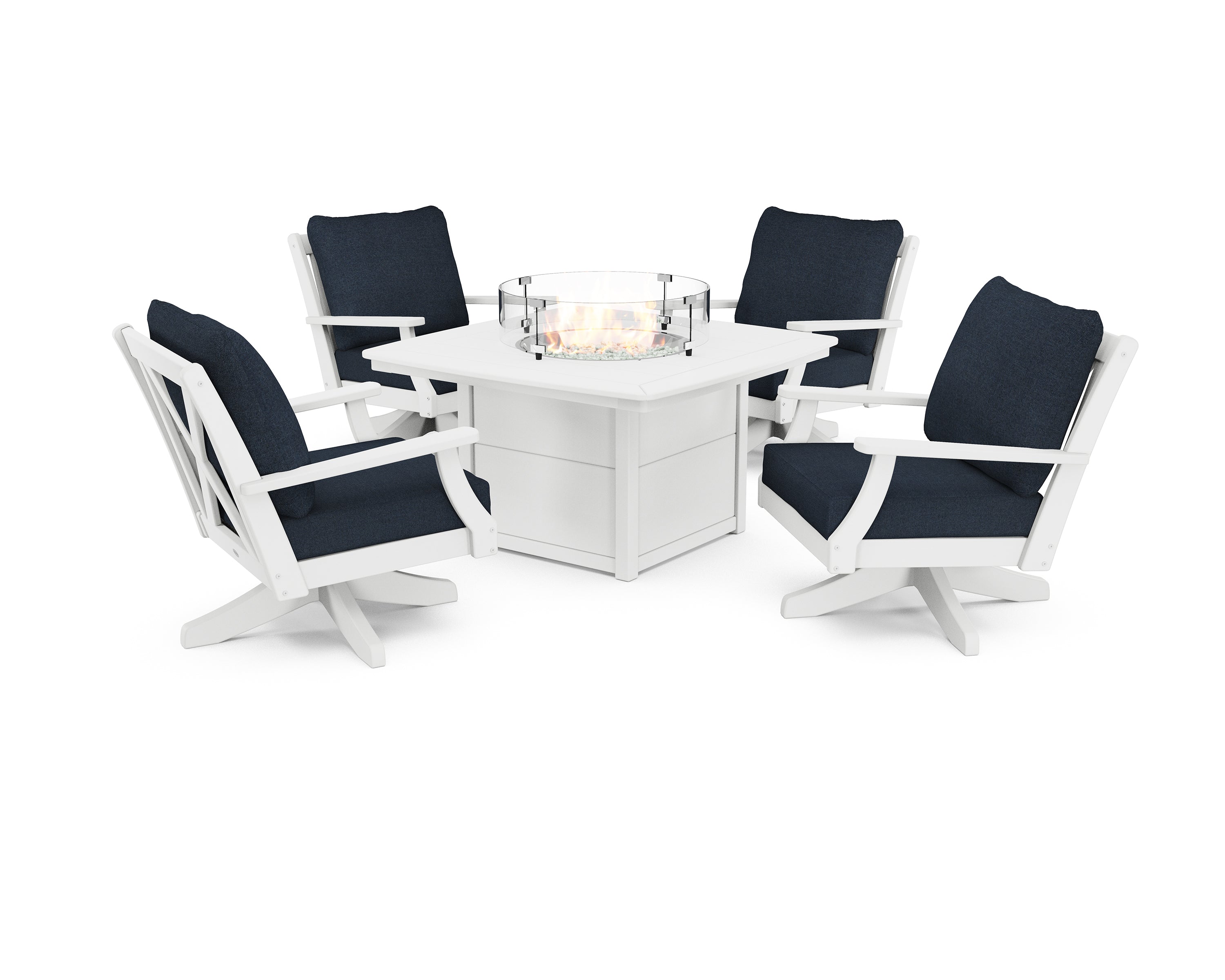 POLYWOOD Braxton 5-Piece Deep Seating Swivel Conversation Set with Fire Pit Table in White / Marine Indigo