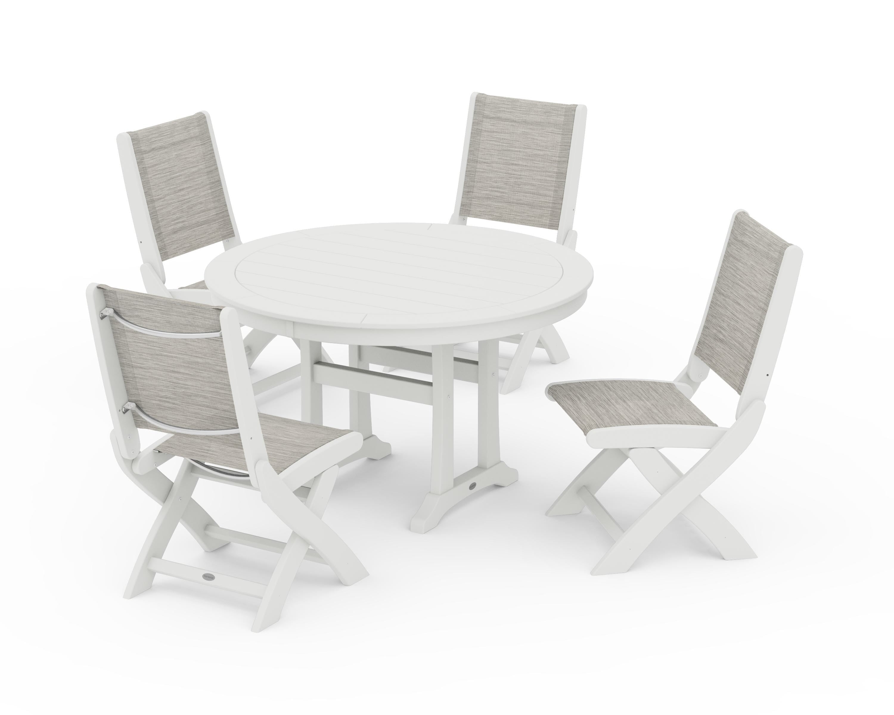 POLYWOOD Coastal Folding Side Chair 5-Piece Round Dining Set With Trestle Legs in Vintage White / Birch Sling