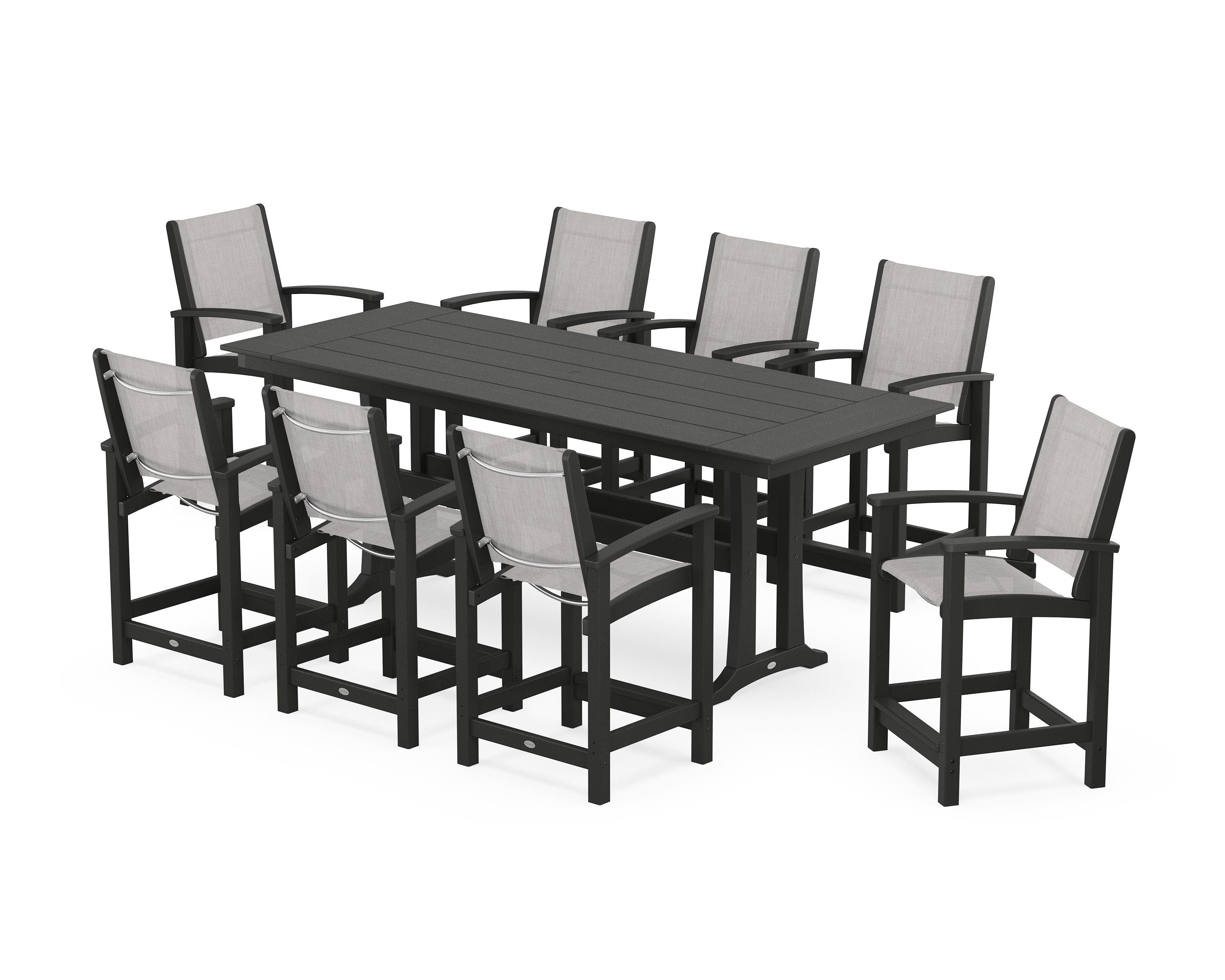 POLYWOOD Coastal 9-Piece Farmhouse Counter Set with Trestle Legs in Black / Parchment Sling