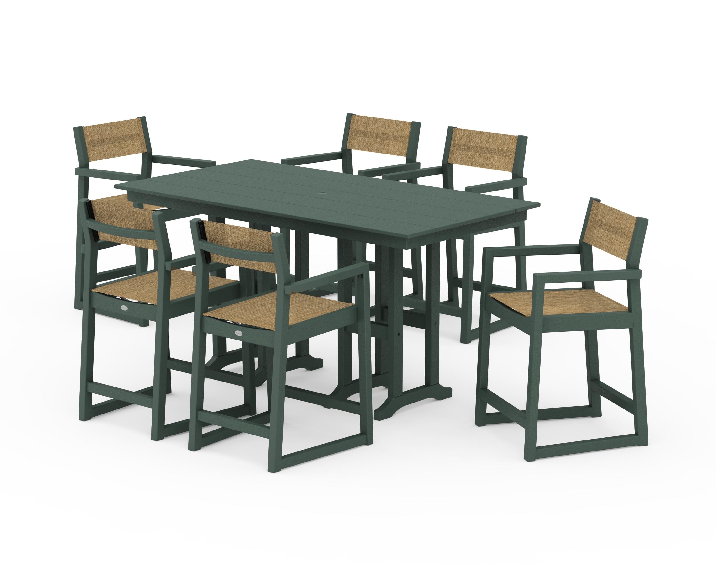 POLYWOOD EDGE Sling Arm Chair 7-Piece Farmhouse Counter Set in Green / Burlap Sling