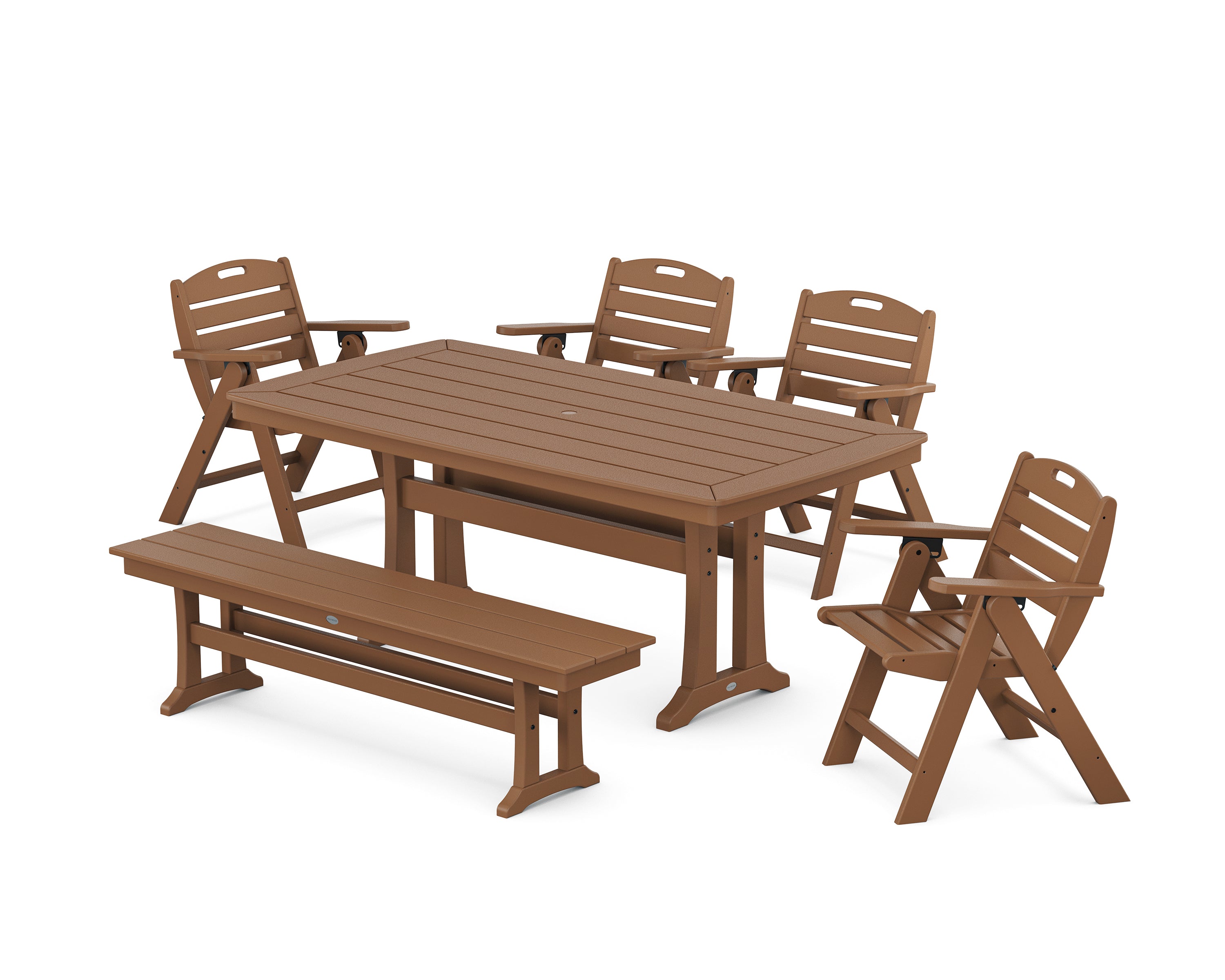 POLYWOOD Nautical Lowback 6-Piece Dining Set with Trestle Legs and Bench in Teak