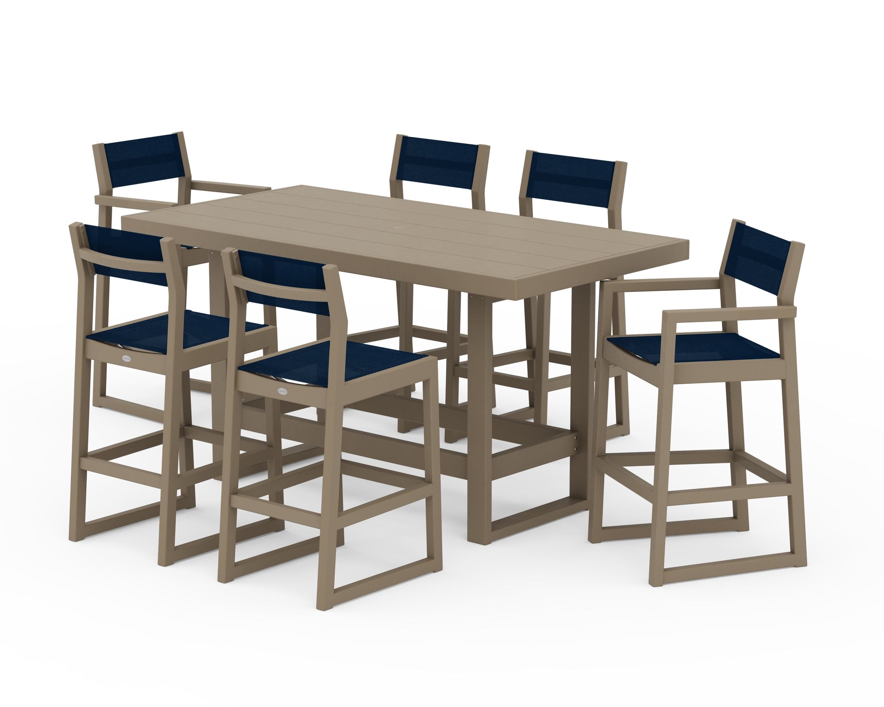 POLYWOOD EDGE Sling 7-Piece Bar Table Set in Vintage Sahara / Navy Blue Sling
