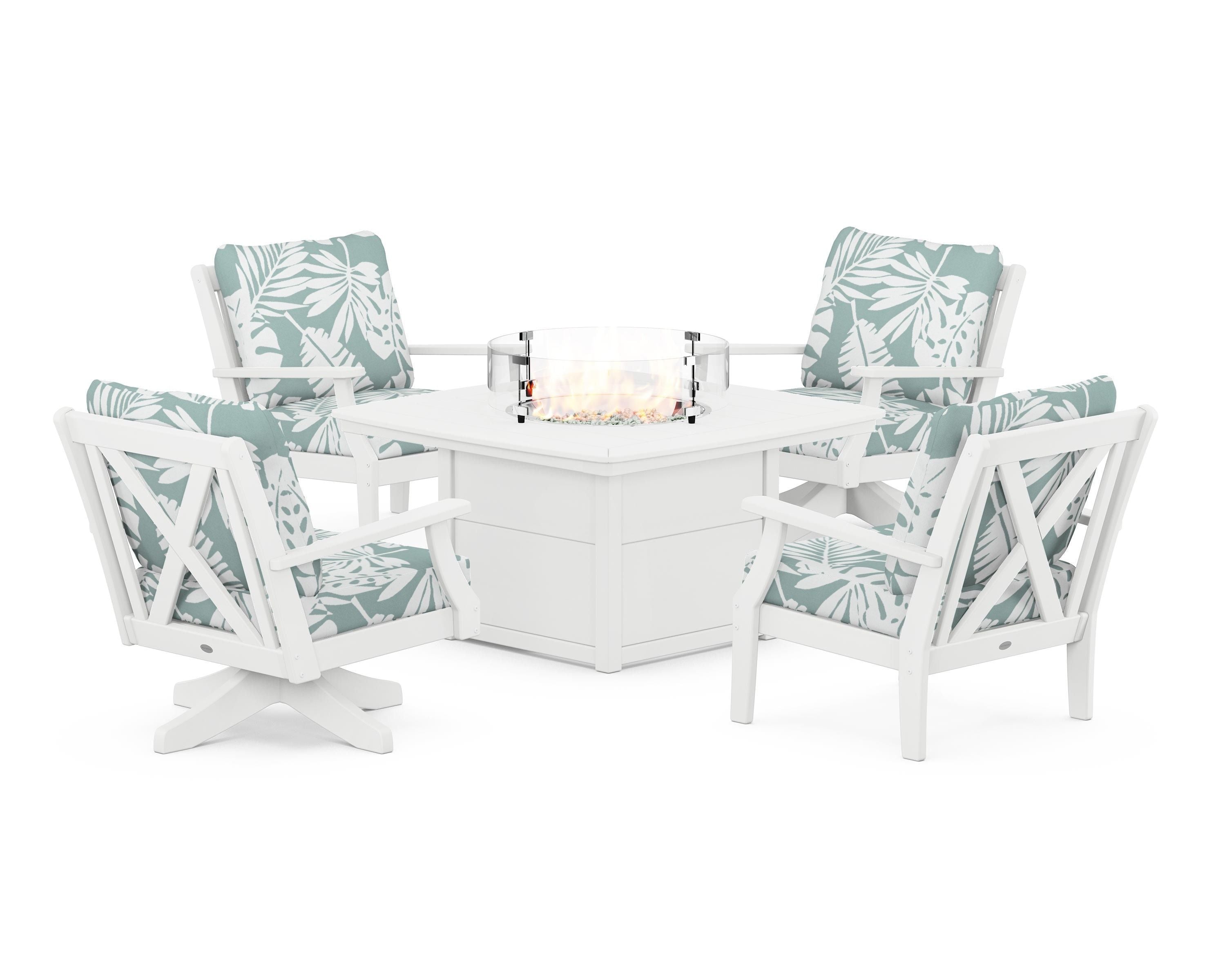 POLYWOOD Braxton 5-Piece Deep Seating Set with Fire Table in White / Leaf Glacier Spa