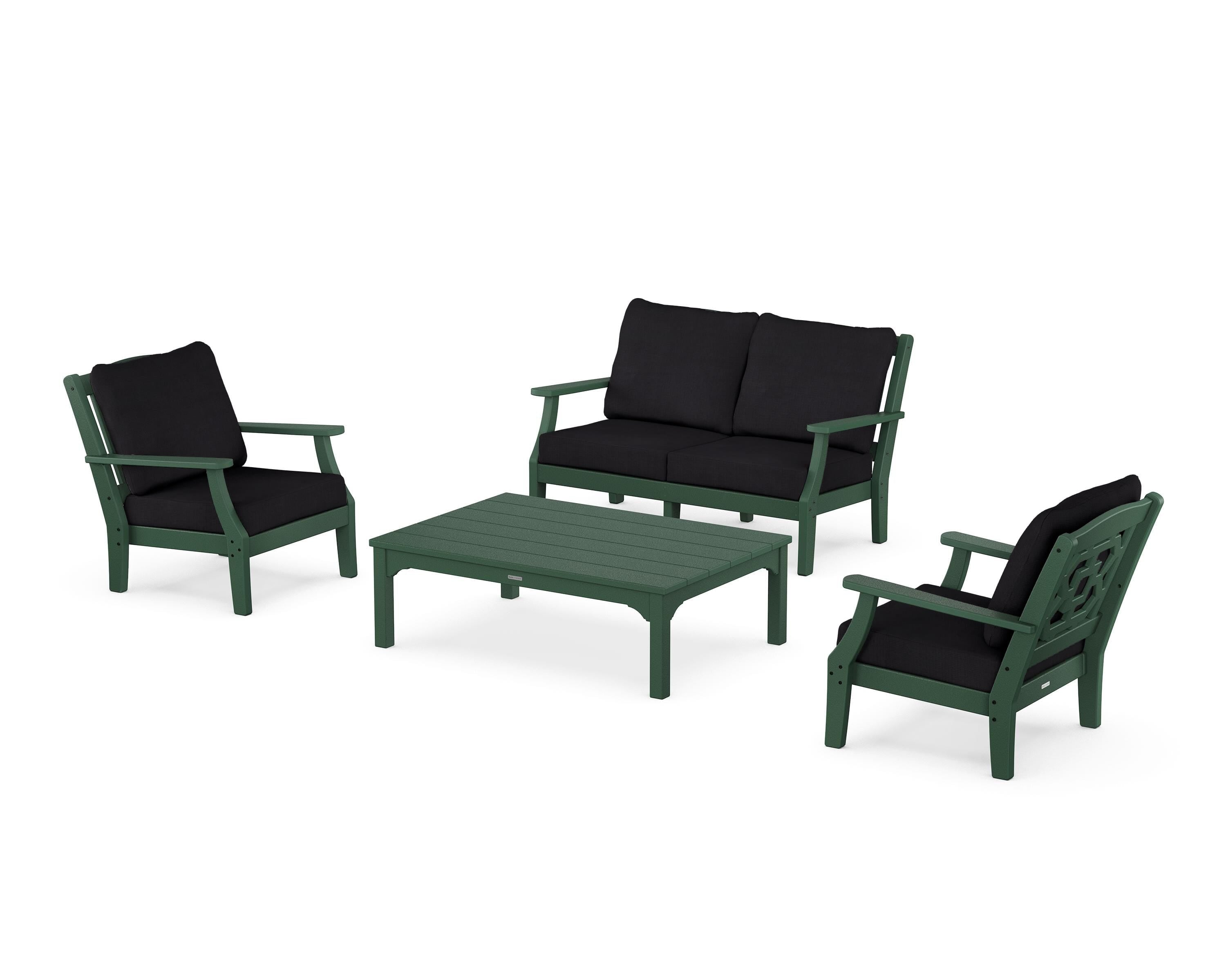 Martha Stewart by POLYWOOD Chinoiserie 4-Piece Deep Seating Set with Loveseat in Green / Midnight Linen