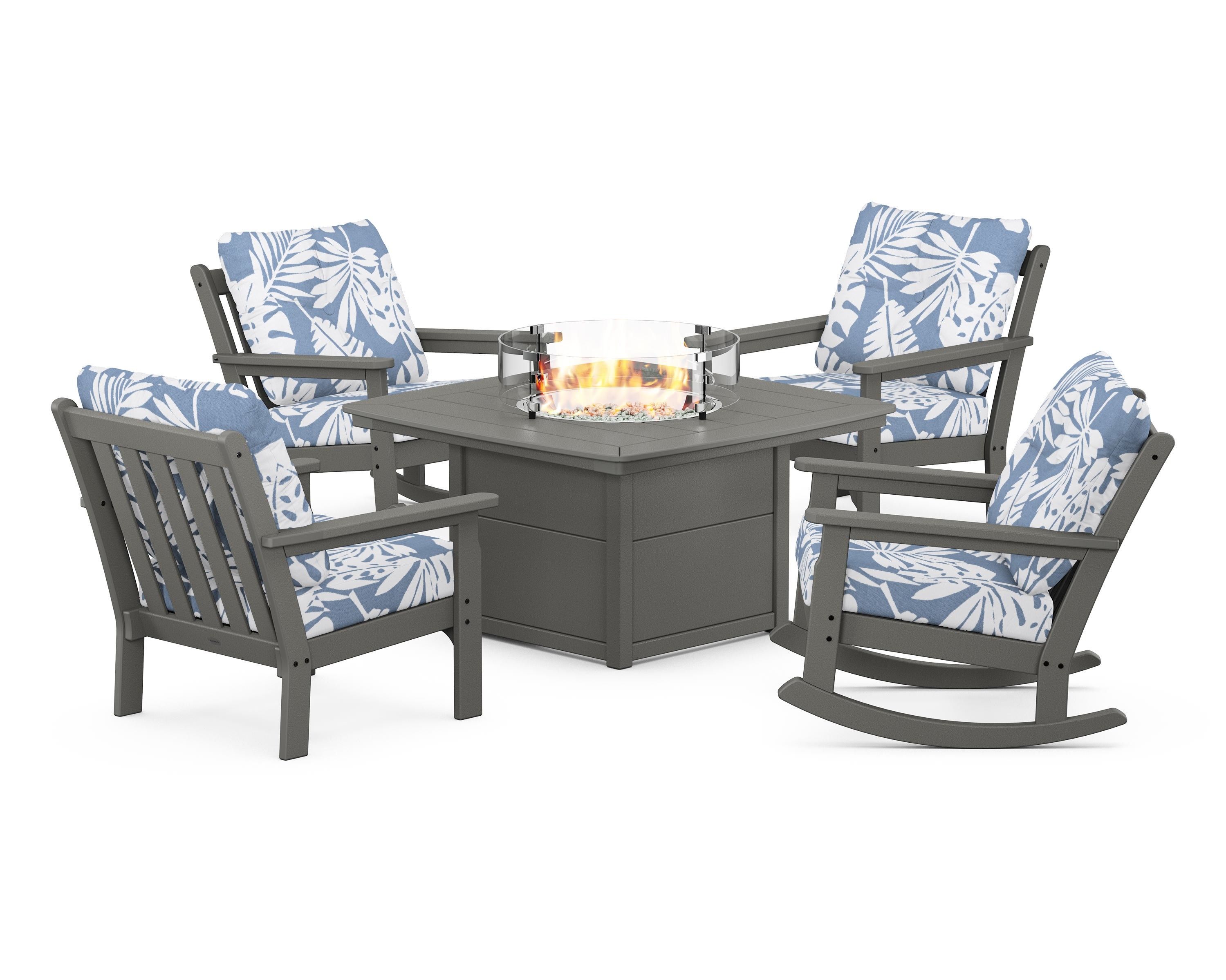 POLYWOOD Vineyard 5-Piece Deep Seating Rocking Chair Conversation Set with Fire Pit Table in Slate Grey / Leaf Sky Blue