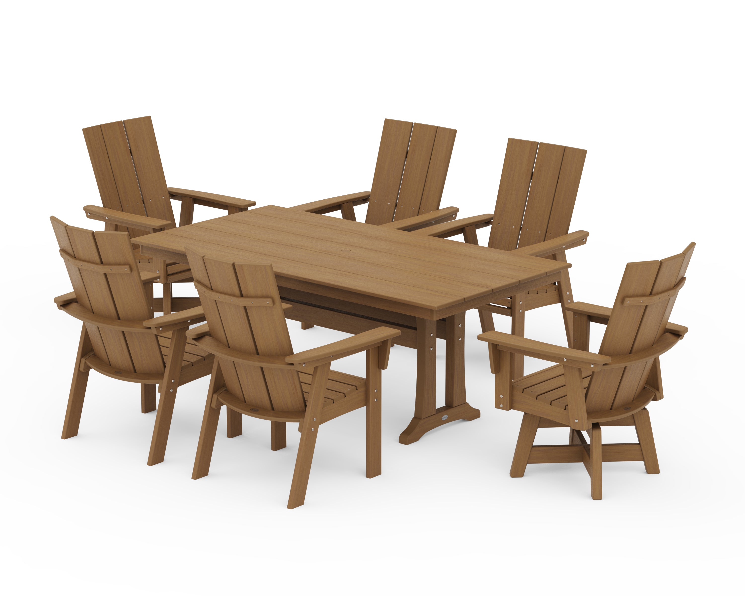 POLYWOOD Modern Curveback Adirondack Swivel Chair 7-Piece Farmhouse Dining Set With Trestle Legs in Natural
