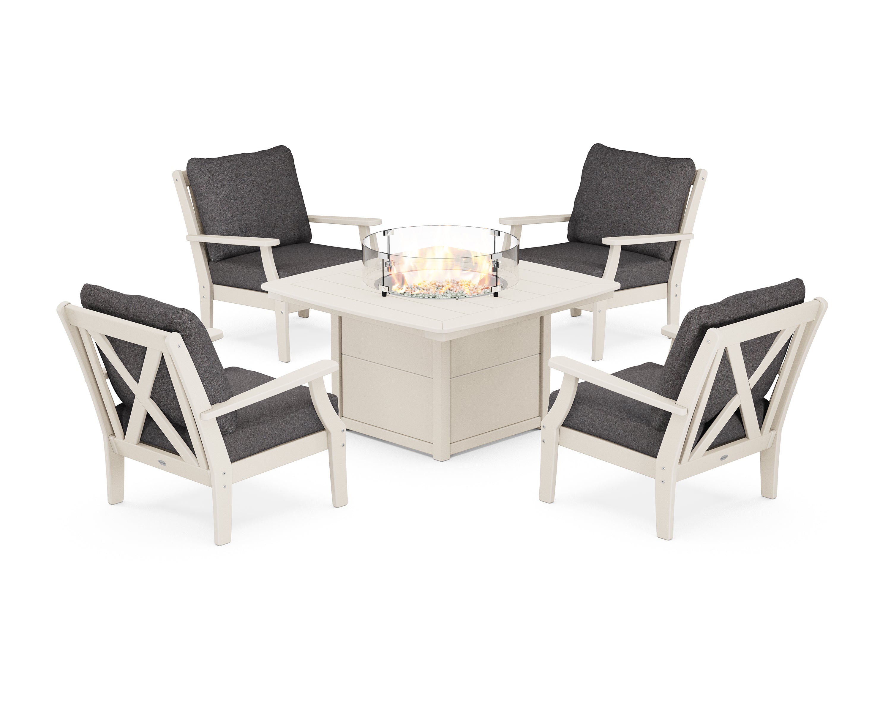POLYWOOD Braxton 5-Piece Deep Seating Conversation Set with Fire Pit Table in Sand / Ash Charcoal