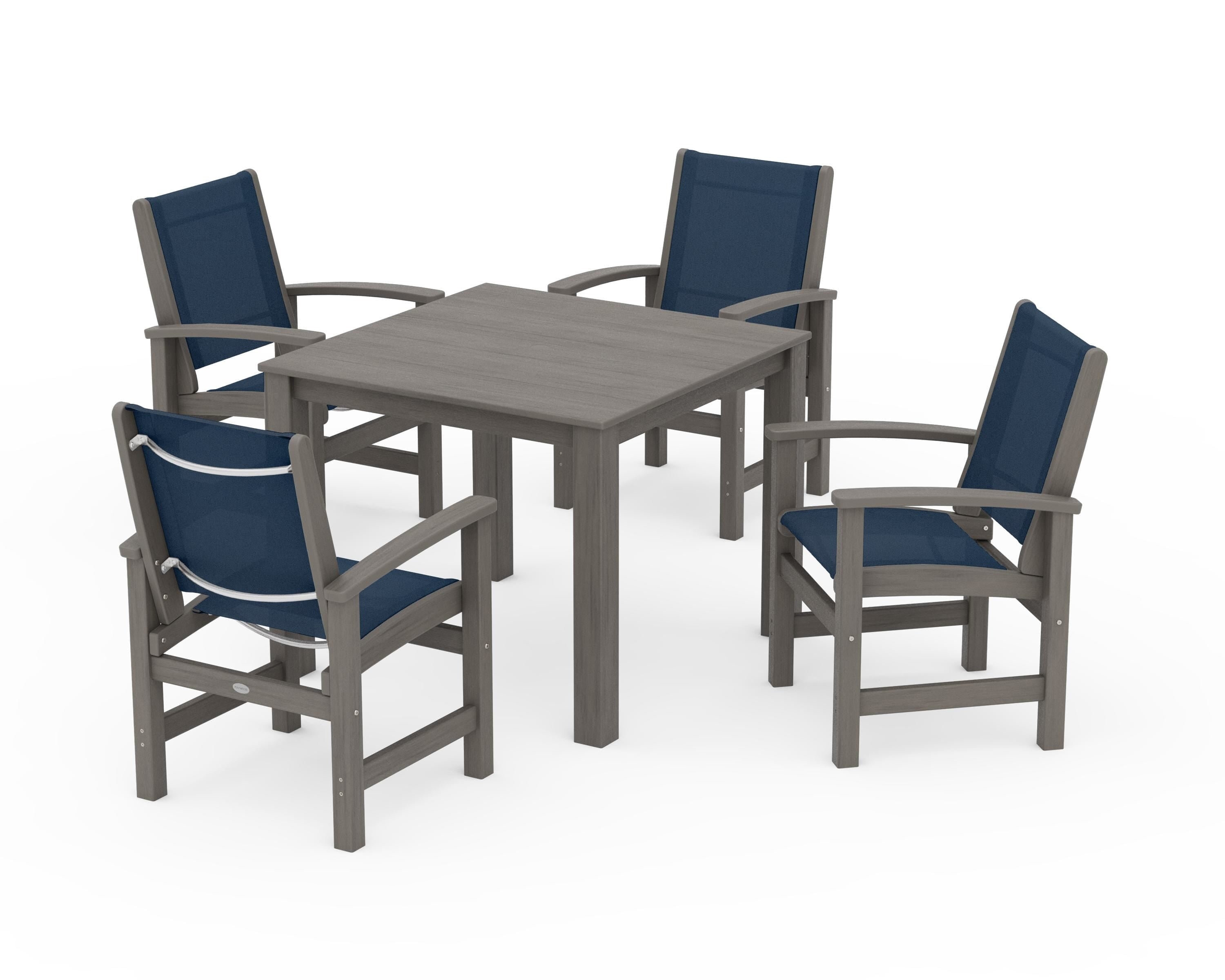 POLYWOOD Coastal 5-Piece Parsons Dining Set in Driftwood / Navy Blue Sling