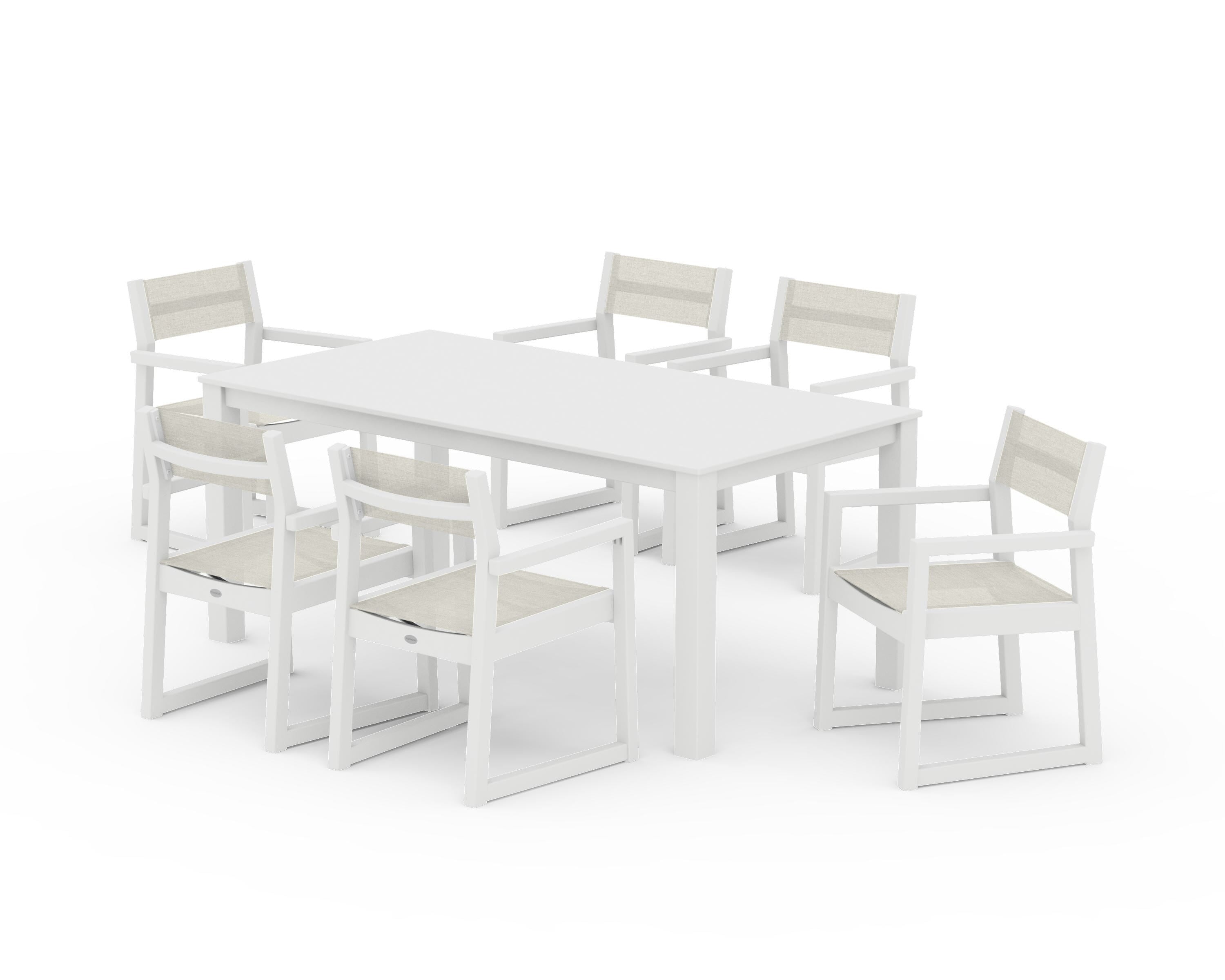 POLYWOOD EDGE Sling Arm Chair 7-Piece Parsons Dining Set in White / Parchment Sling