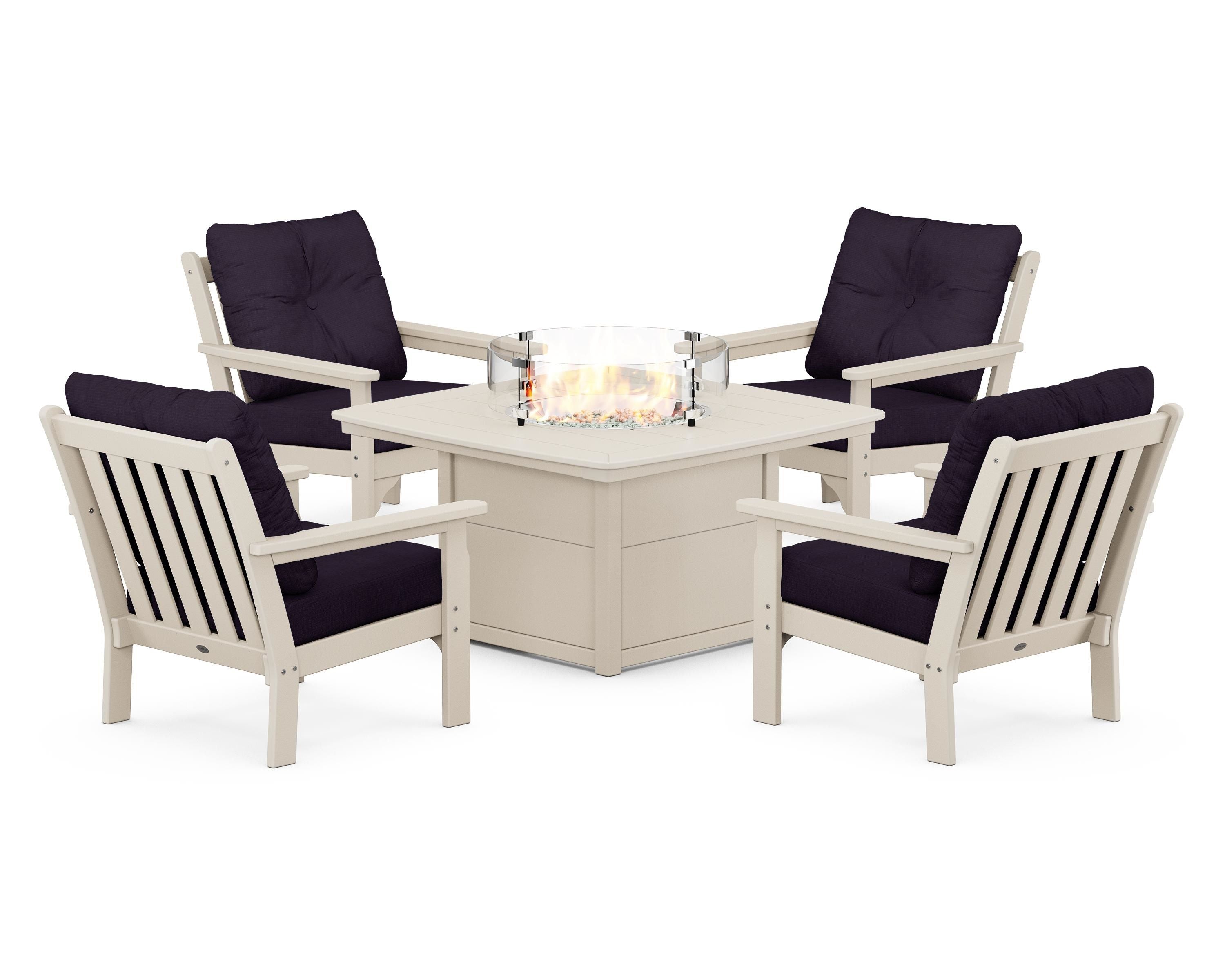 POLYWOOD Vineyard 5-Piece Conversation Set with Fire Pit Table in Sand / Navy Linen