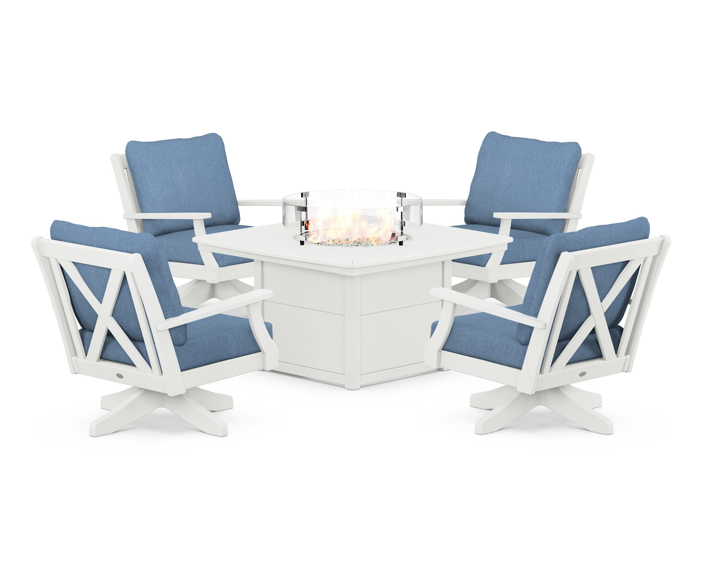 POLYWOOD Braxton 5-Piece Deep Seating Swivel Conversation Set with Fire Pit Table in Vintage White / Sky Blue