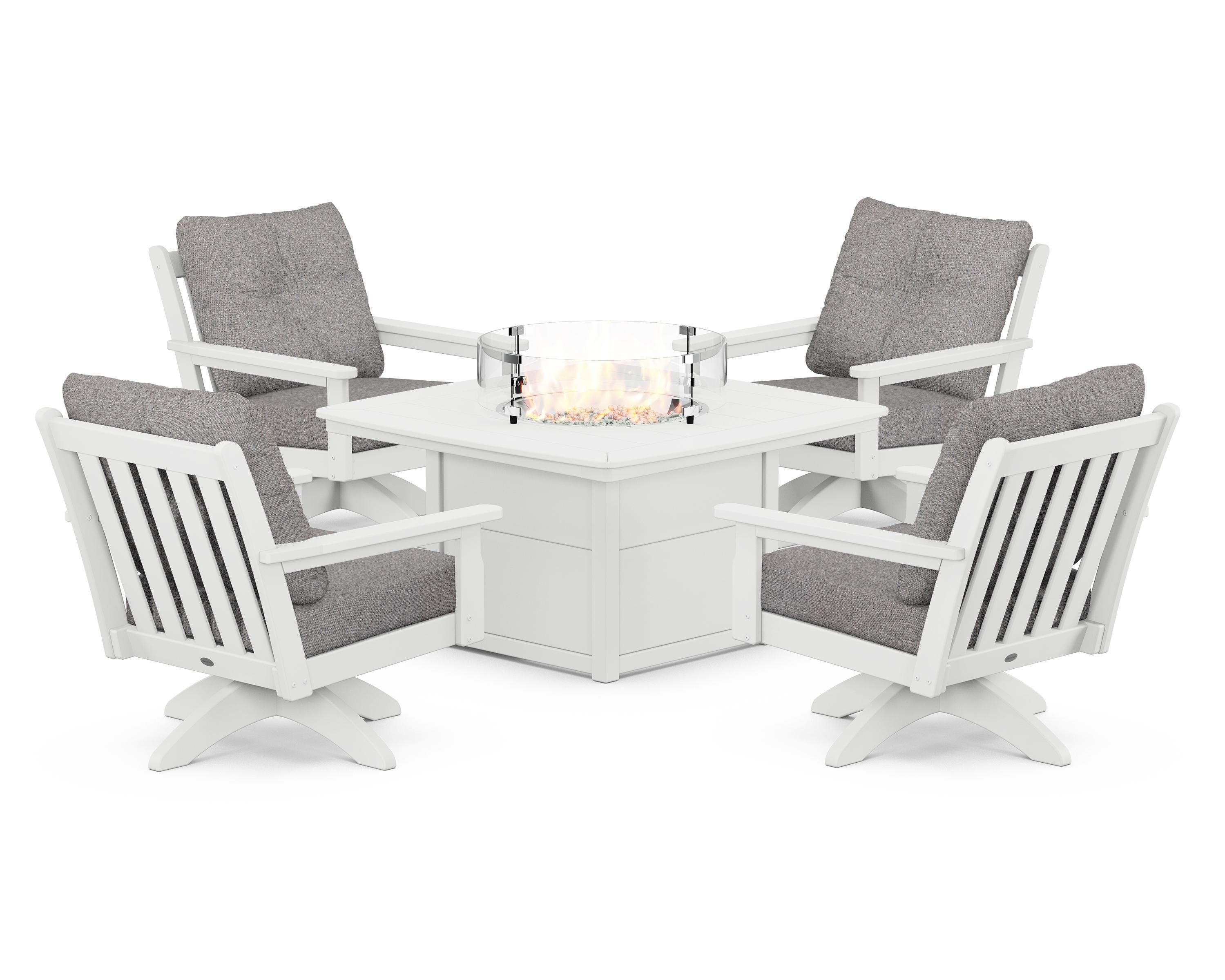 POLYWOOD Vineyard 5-Piece Deep Seating Swivel Conversation Set with Fire Pit Table in White / Grey Mist