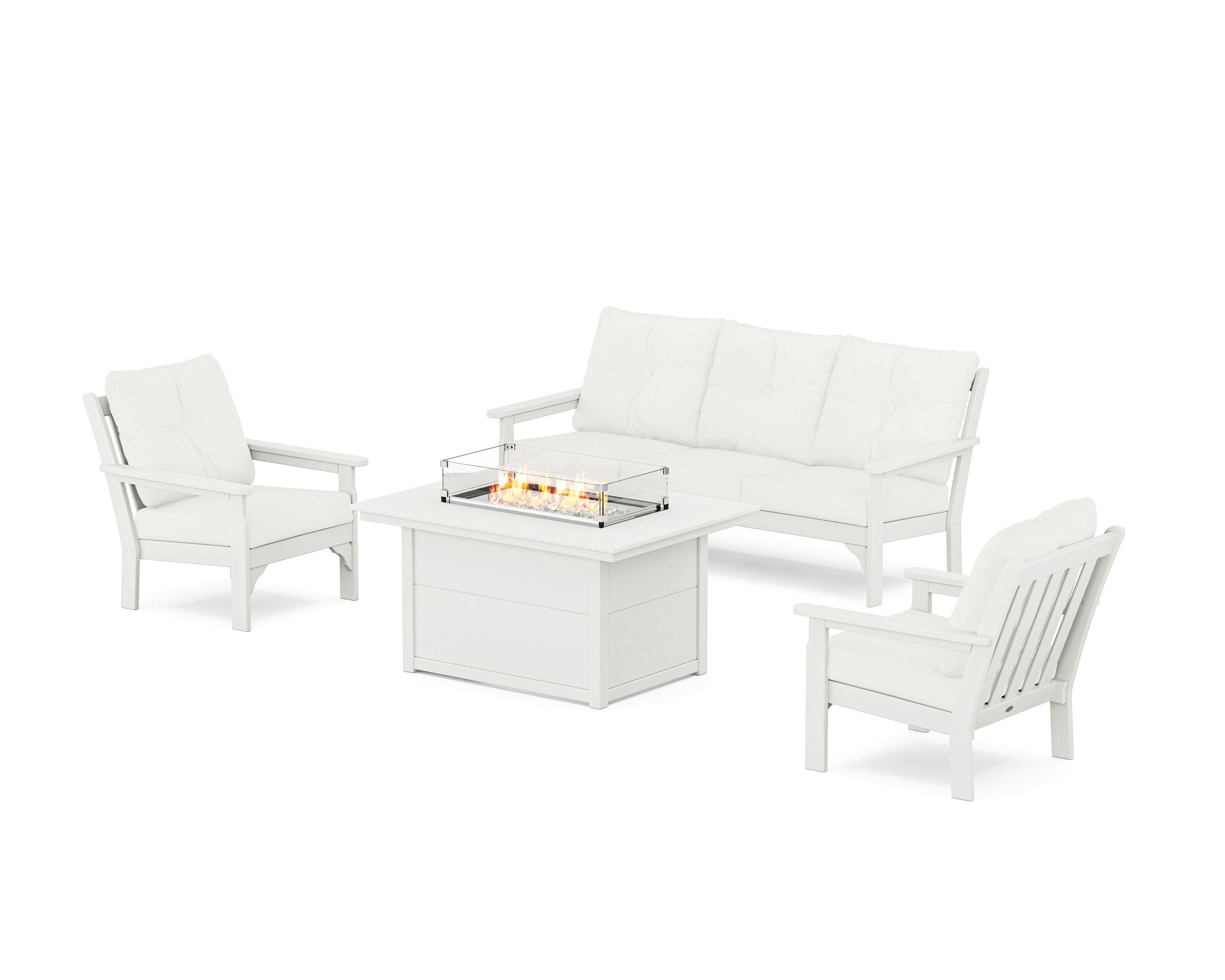 POLYWOOD Vineyard Deep Seating Fire Pit Table Set in Vintage White / Natural Linen