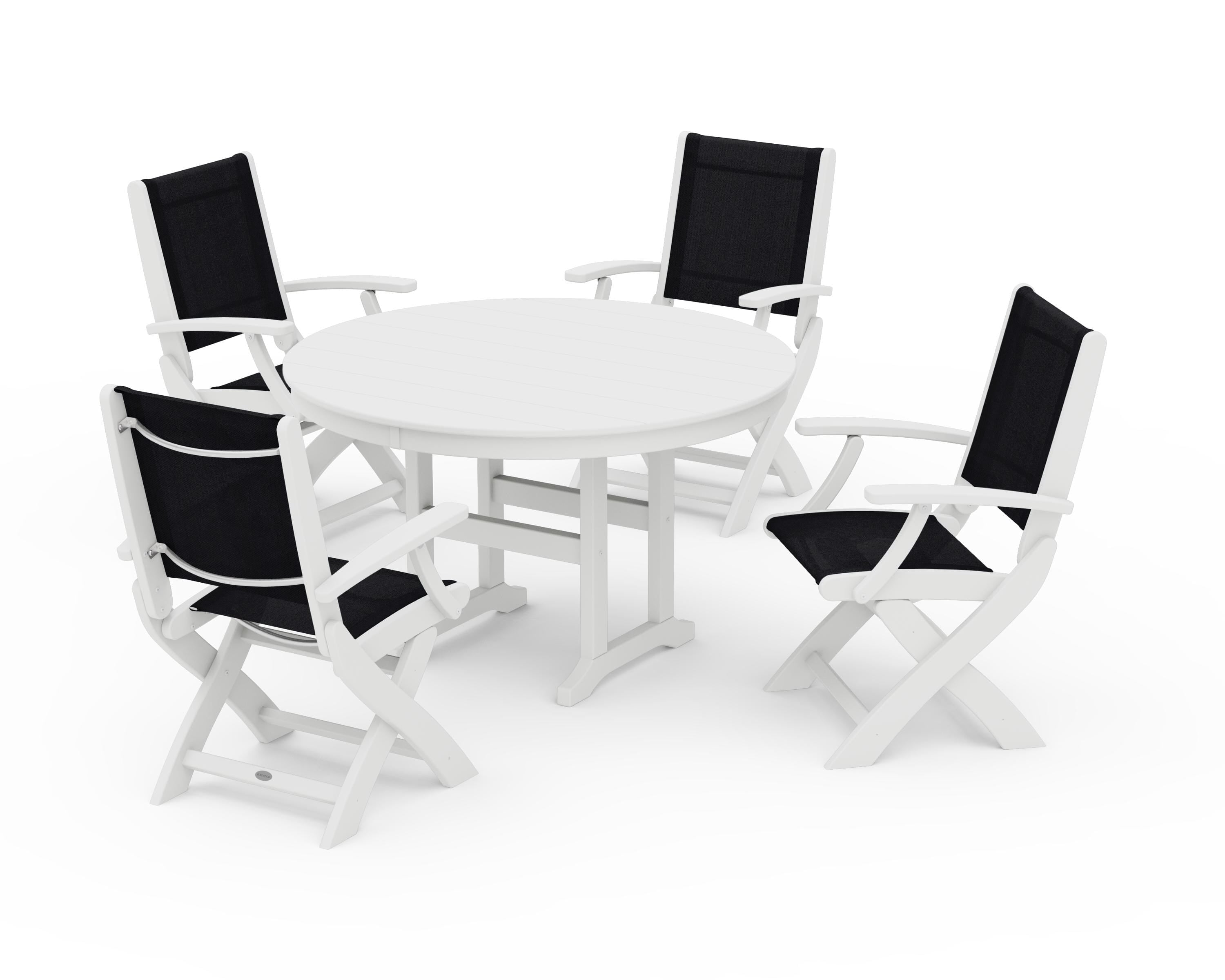 POLYWOOD Coastal Folding Chair 5-Piece Round Dining Set in White / Black Sling