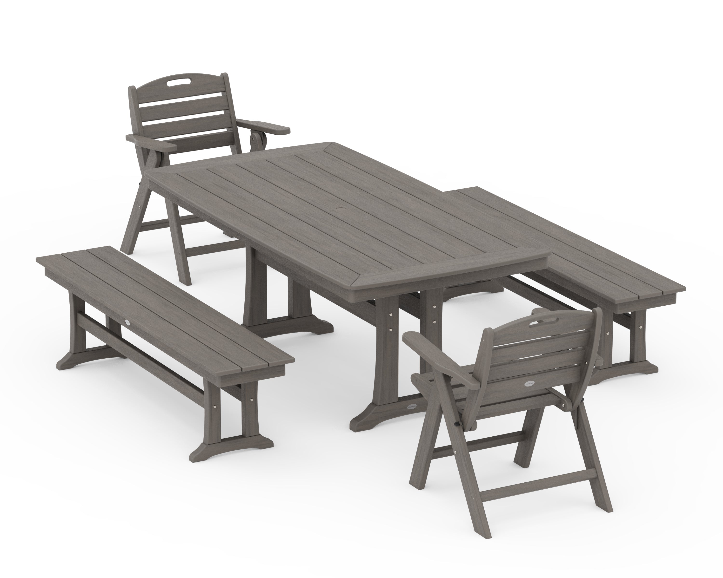 POLYWOOD Nautical Folding Lowback Chair 5-Piece Dining Set with Trestle Legs and Benches in Driftwood