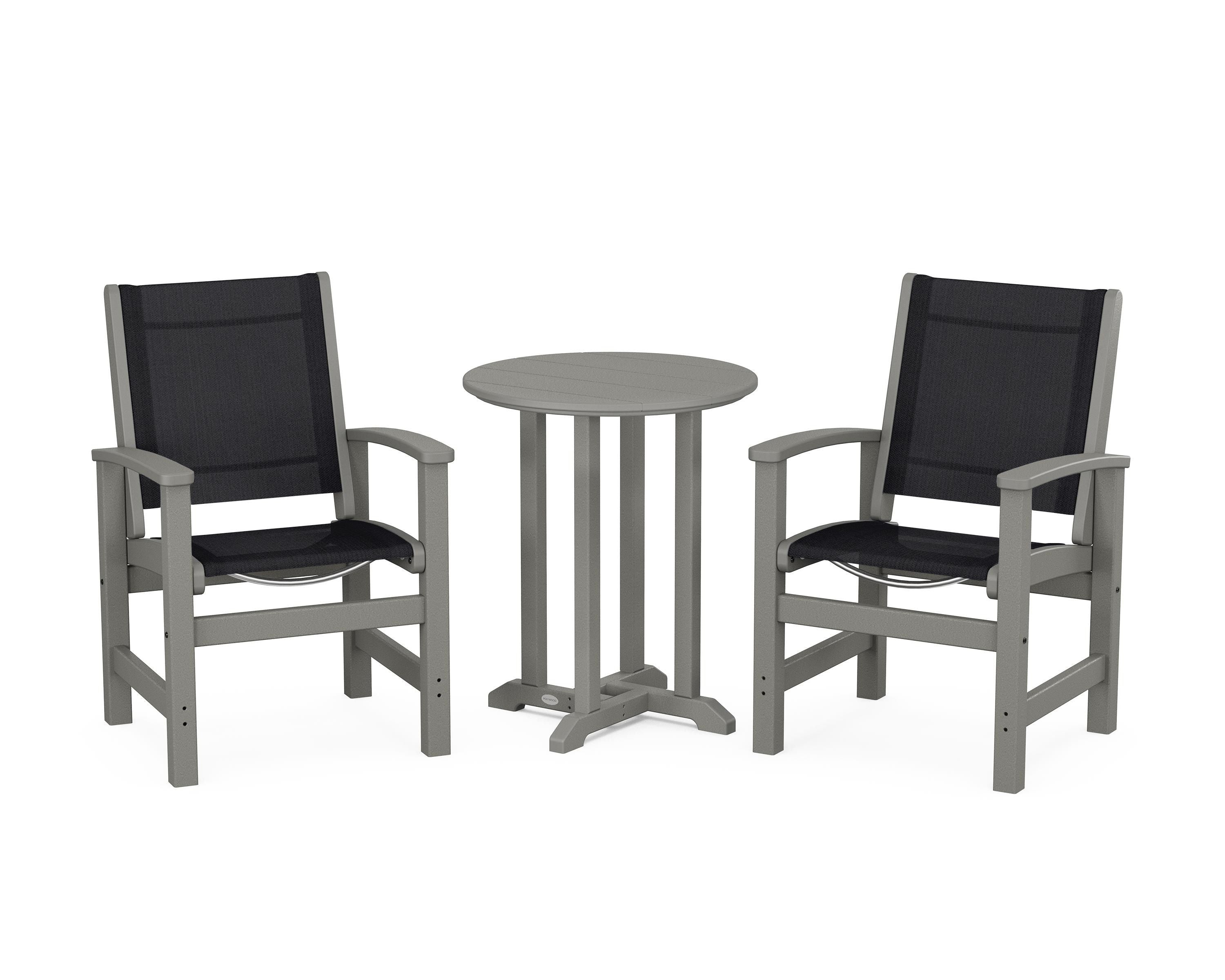 POLYWOOD Coastal 3-Piece Round Bistro Dining Set in Slate Grey / Black Sling