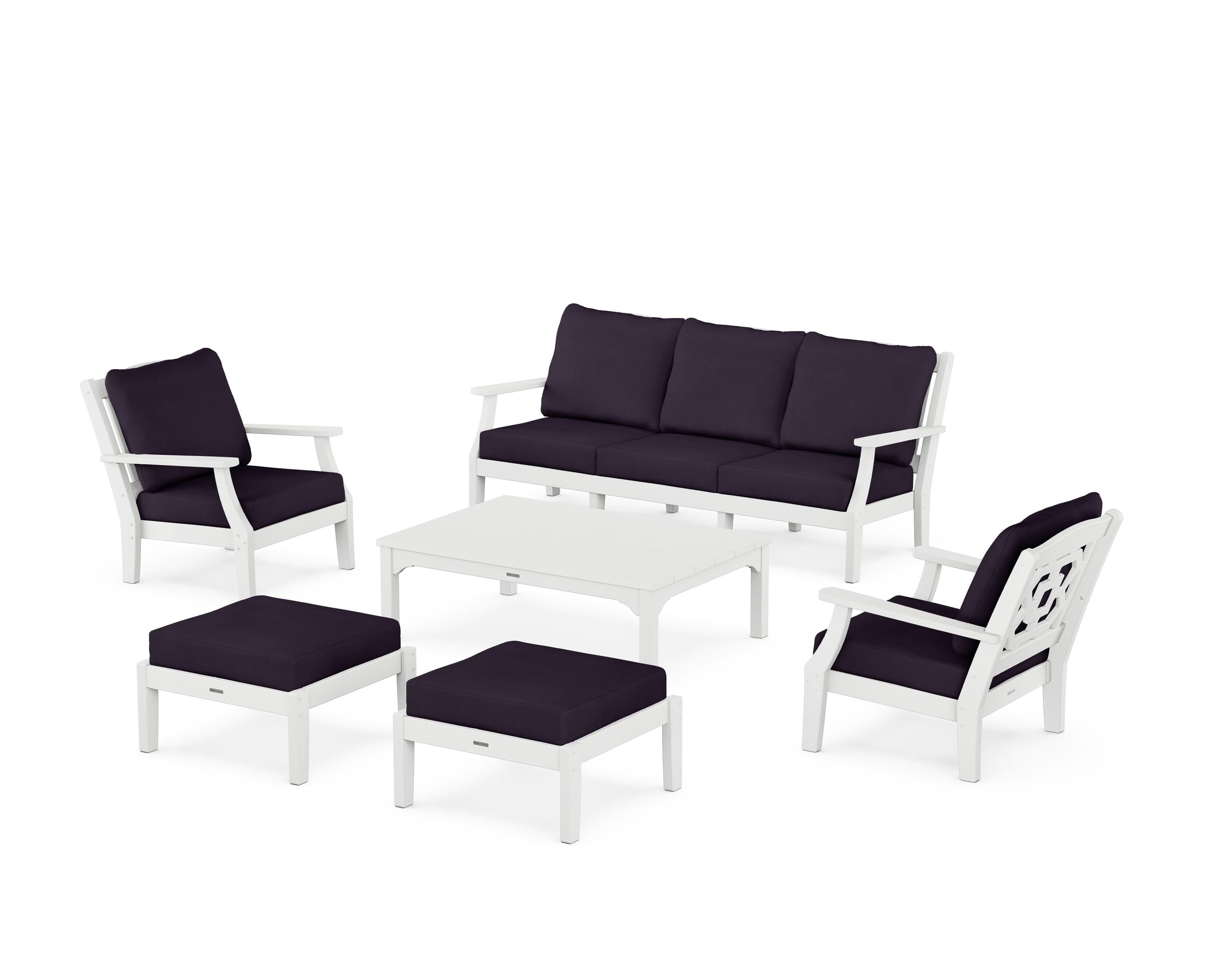 Martha Stewart by POLYWOOD Chinoiserie 6-Piece Lounge Sofa Set in White / Navy Linen