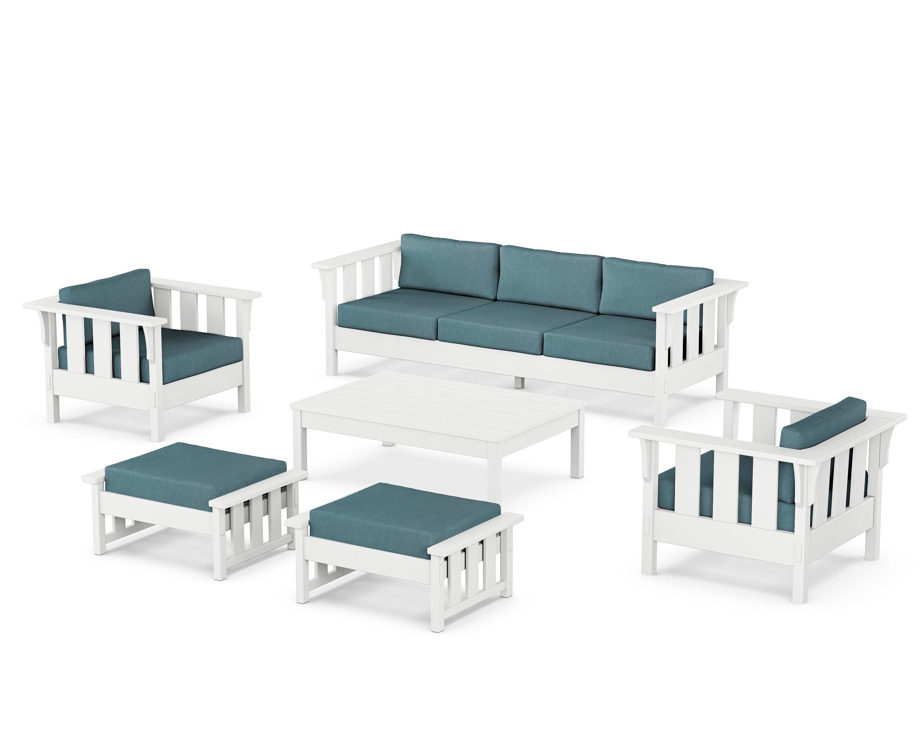Martha Stewart by POLYWOOD Acadia 6-Piece Lounge Sofa Set in White / Ocean Teal