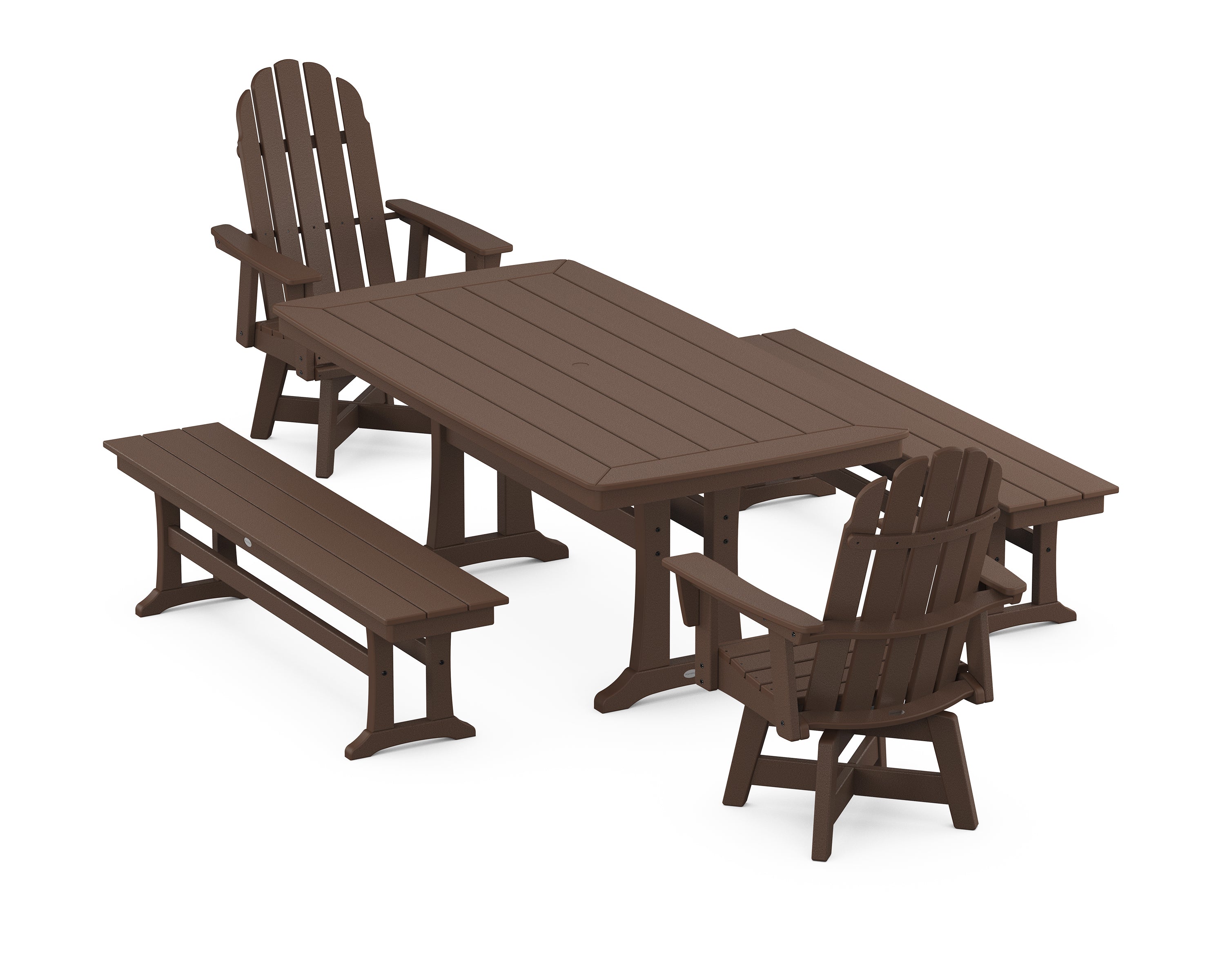 POLYWOOD® Vineyard Adirondack Swivel Chair 5-Piece Dining Set with Trestle Legs and Benches in Mahogany