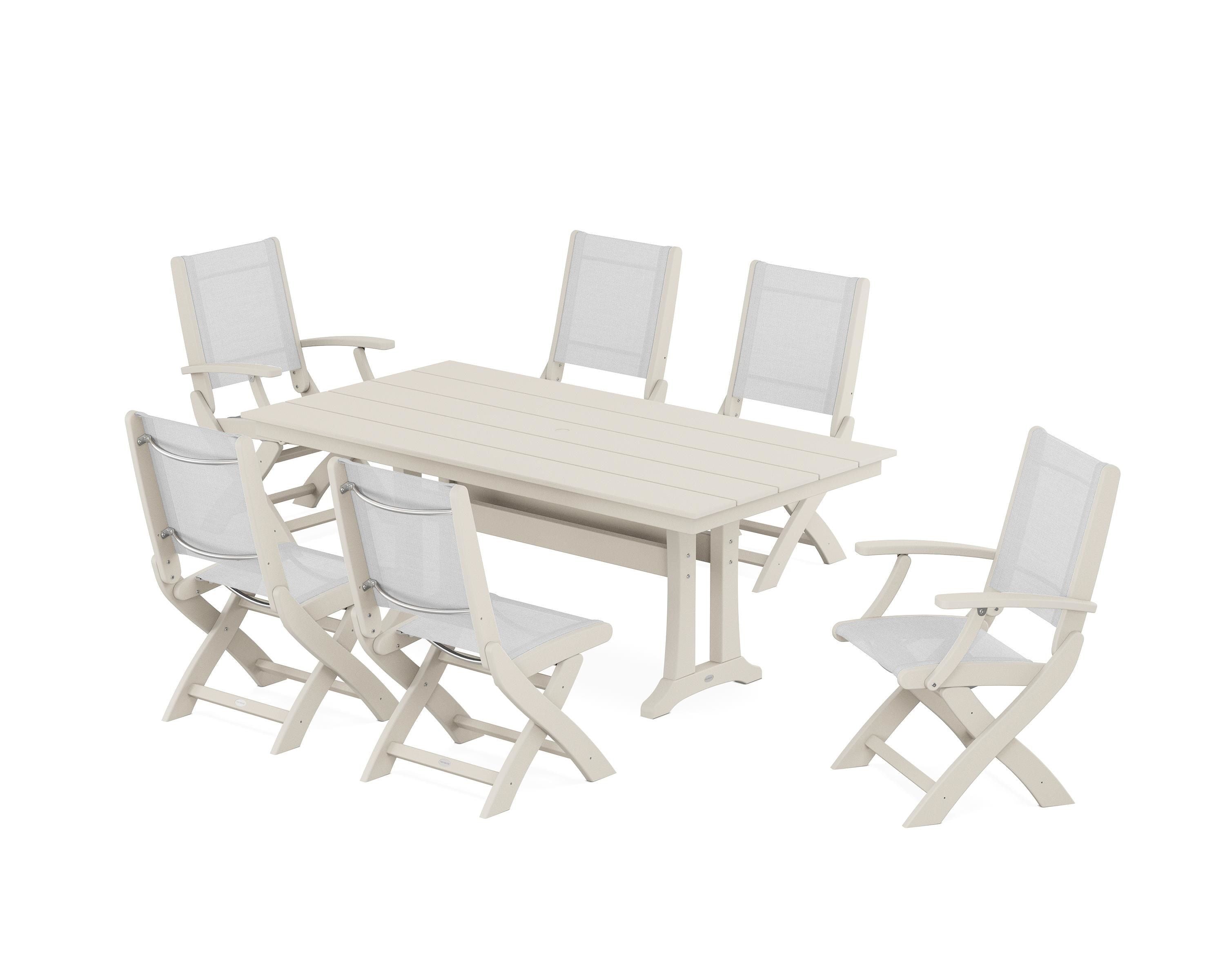 POLYWOOD Coastal Folding Chair 7-Piece Farmhouse Dining Set with Trestle Legs in Sand / White Sling