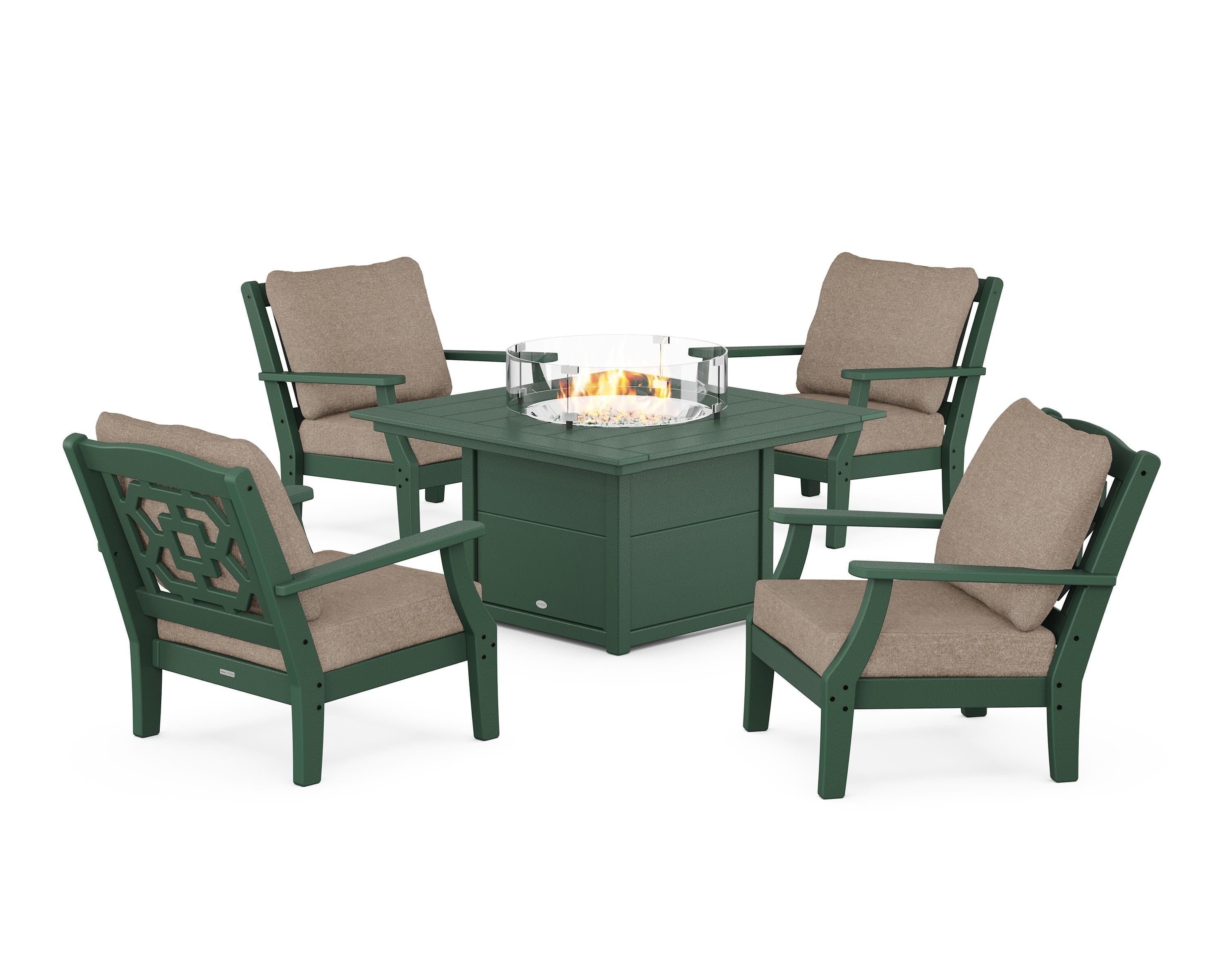 Martha Stewart by POLYWOOD Chinoiserie 5-Piece Deep Seating Set with Fire Pit Table in Green / Spiced Burlap