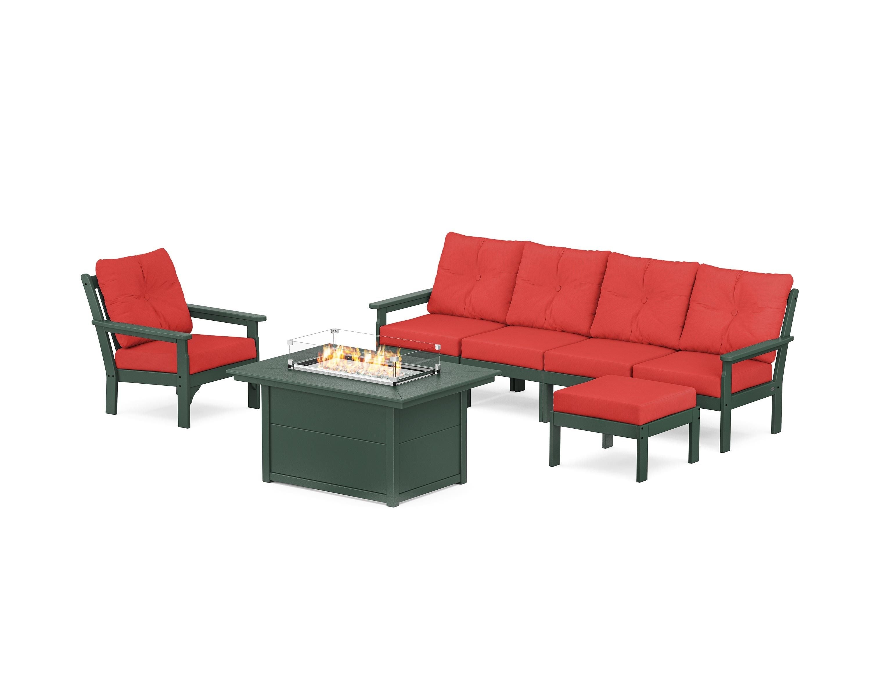 POLYWOOD Vineyard Sectional Lounge and Fire Pit Set in Green / Crimson Linen