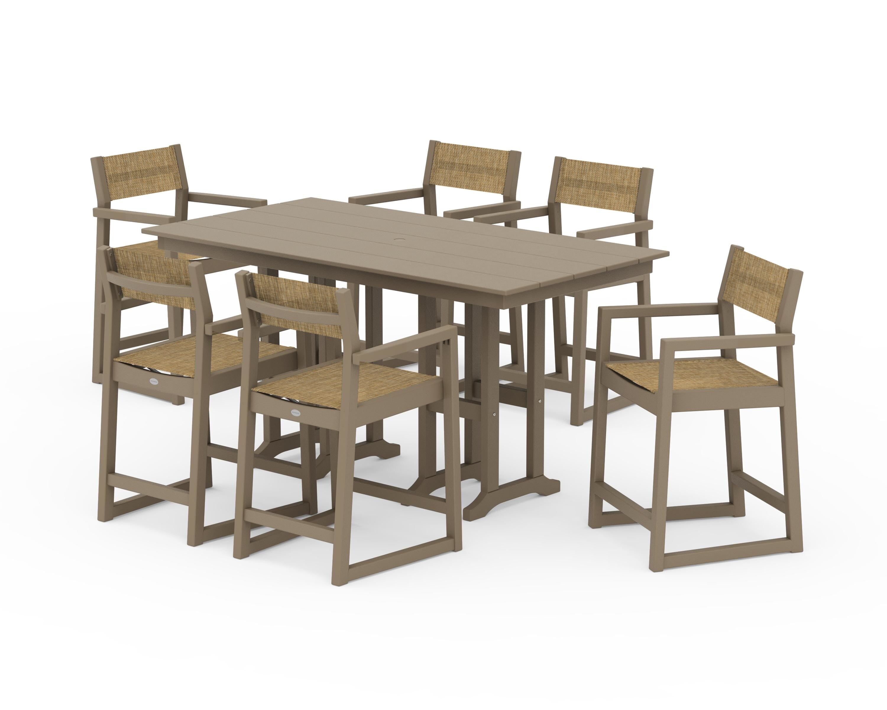 POLYWOOD EDGE Sling Arm Chair 7-Piece Farmhouse Counter Set in Vintage Sahara / Burlap Sling