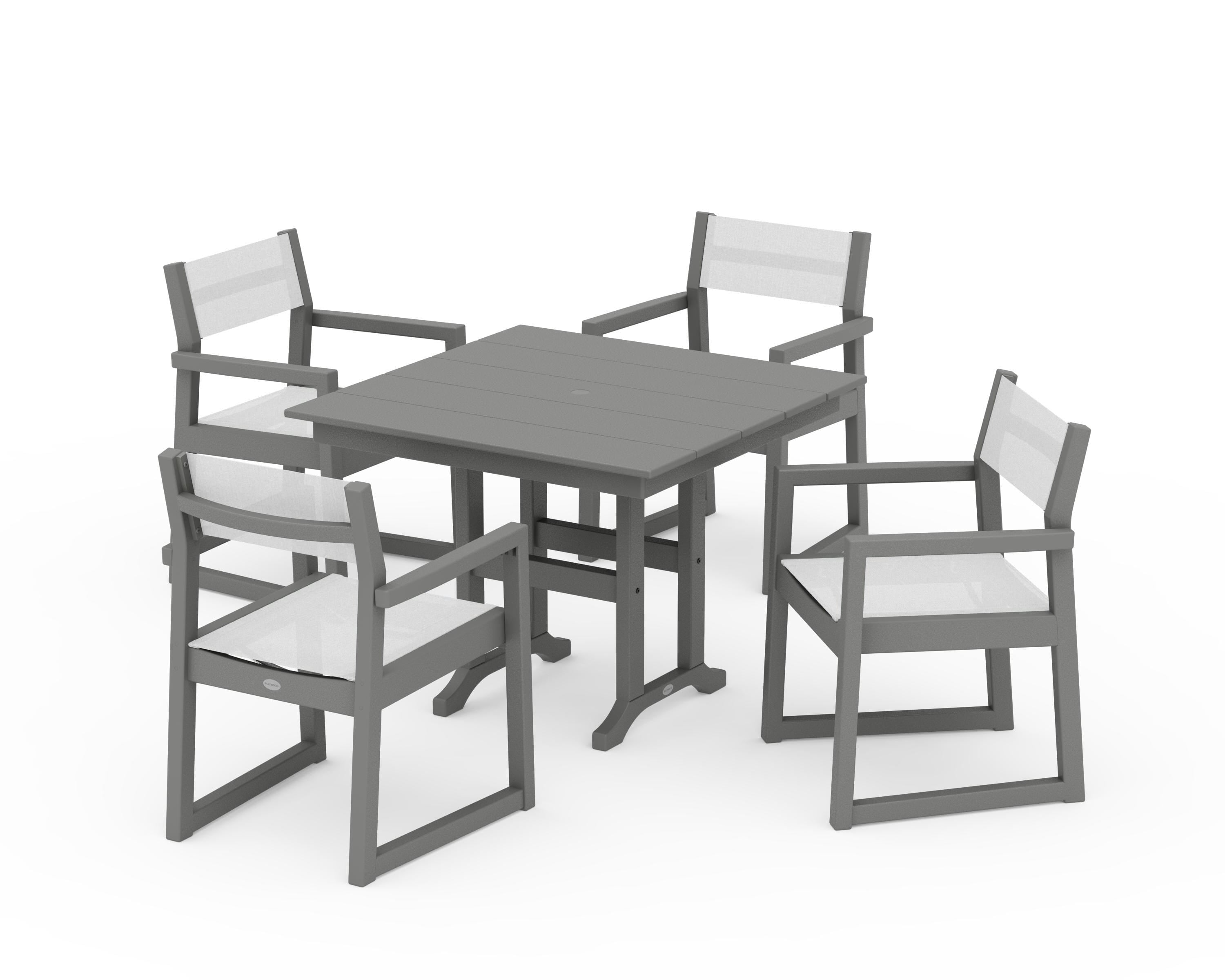 POLYWOOD EDGE Sling Arm Chair 5-Piece Farmhouse Dining Set in Slate Grey / White Sling
