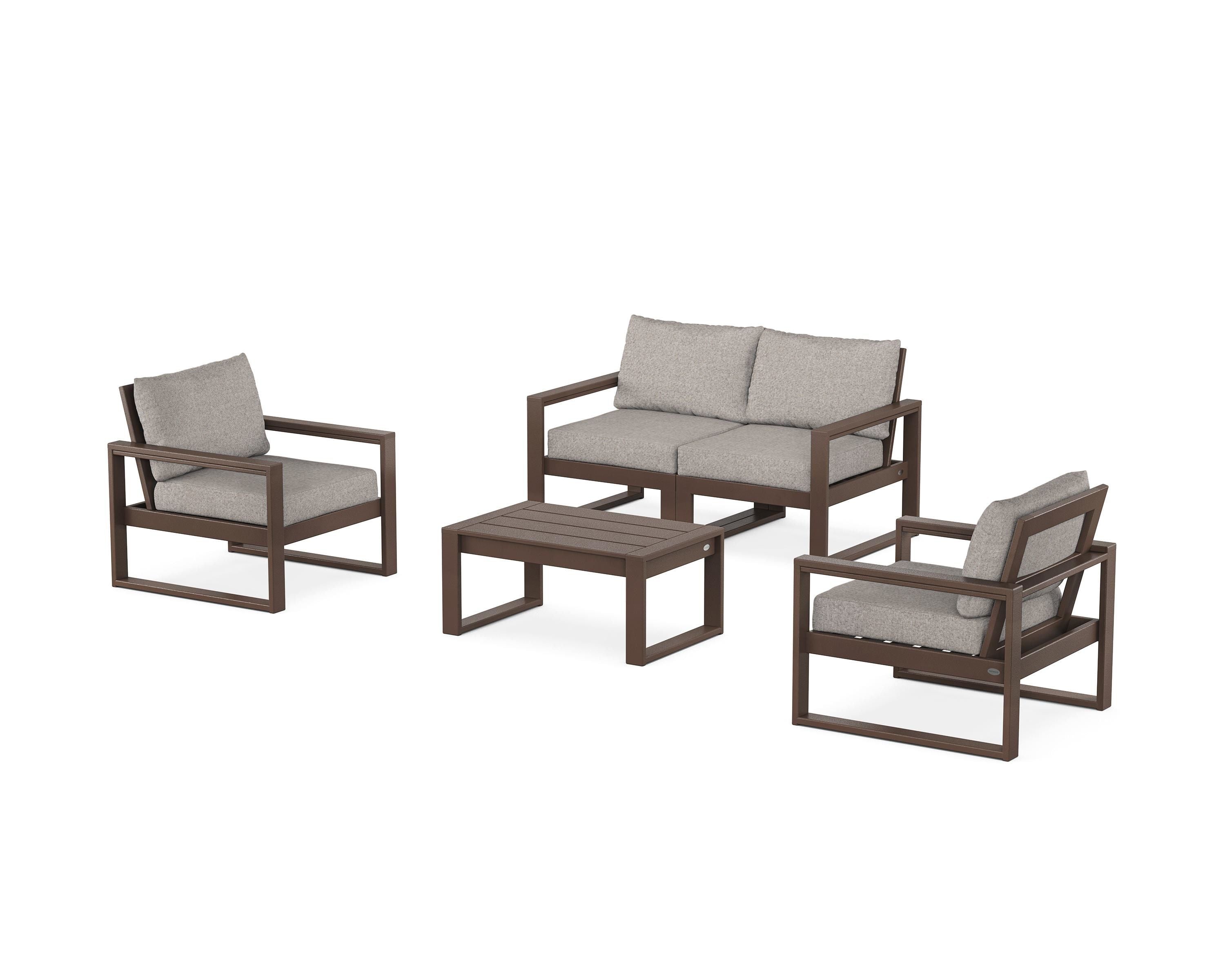 POLYWOOD EDGE Sectional 4-Piece Deep Seating Set with Loveseat in Mahogany / Weathered Tweed