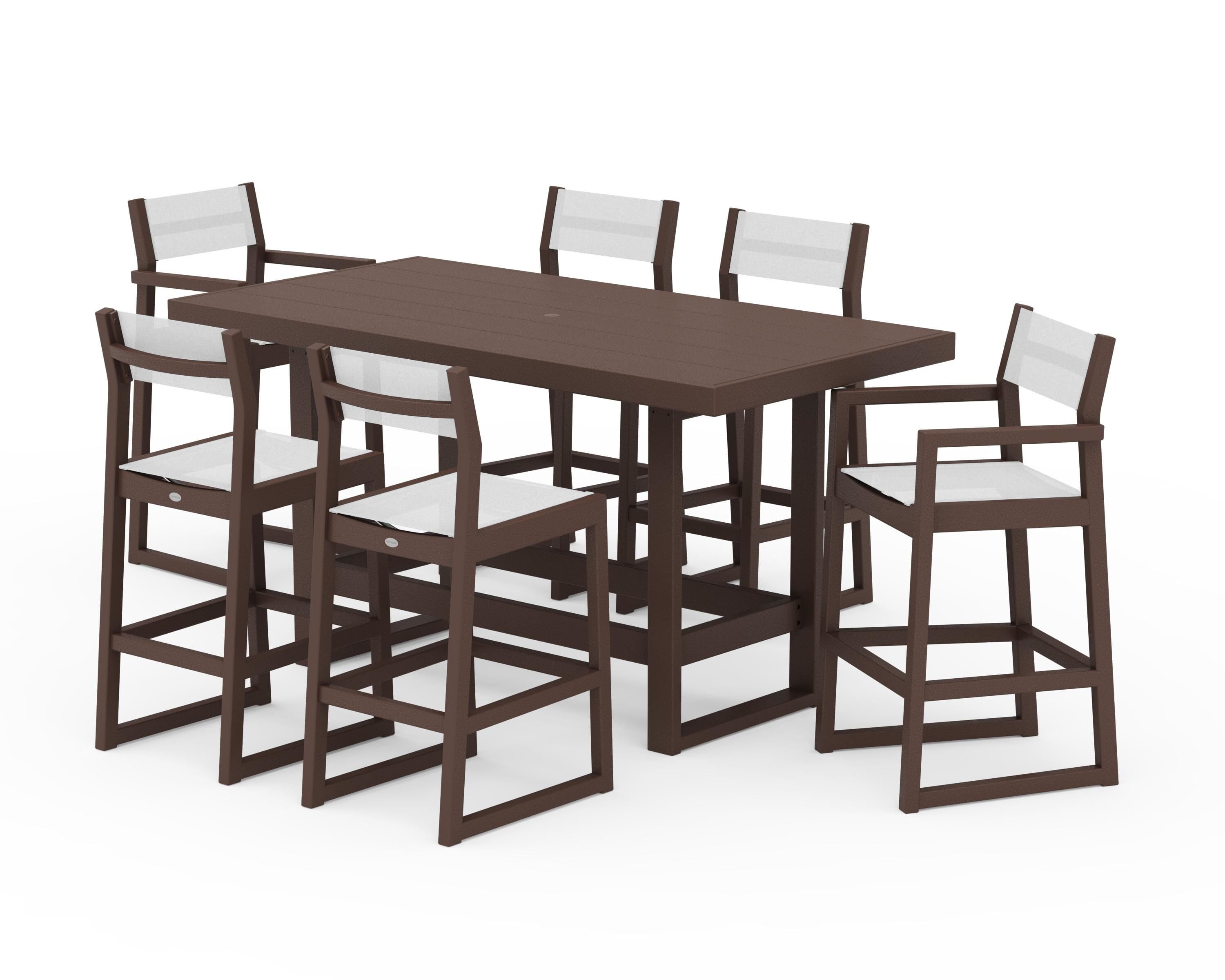 POLYWOOD EDGE Sling 7-Piece Bar Table Set in Mahogany / White Sling