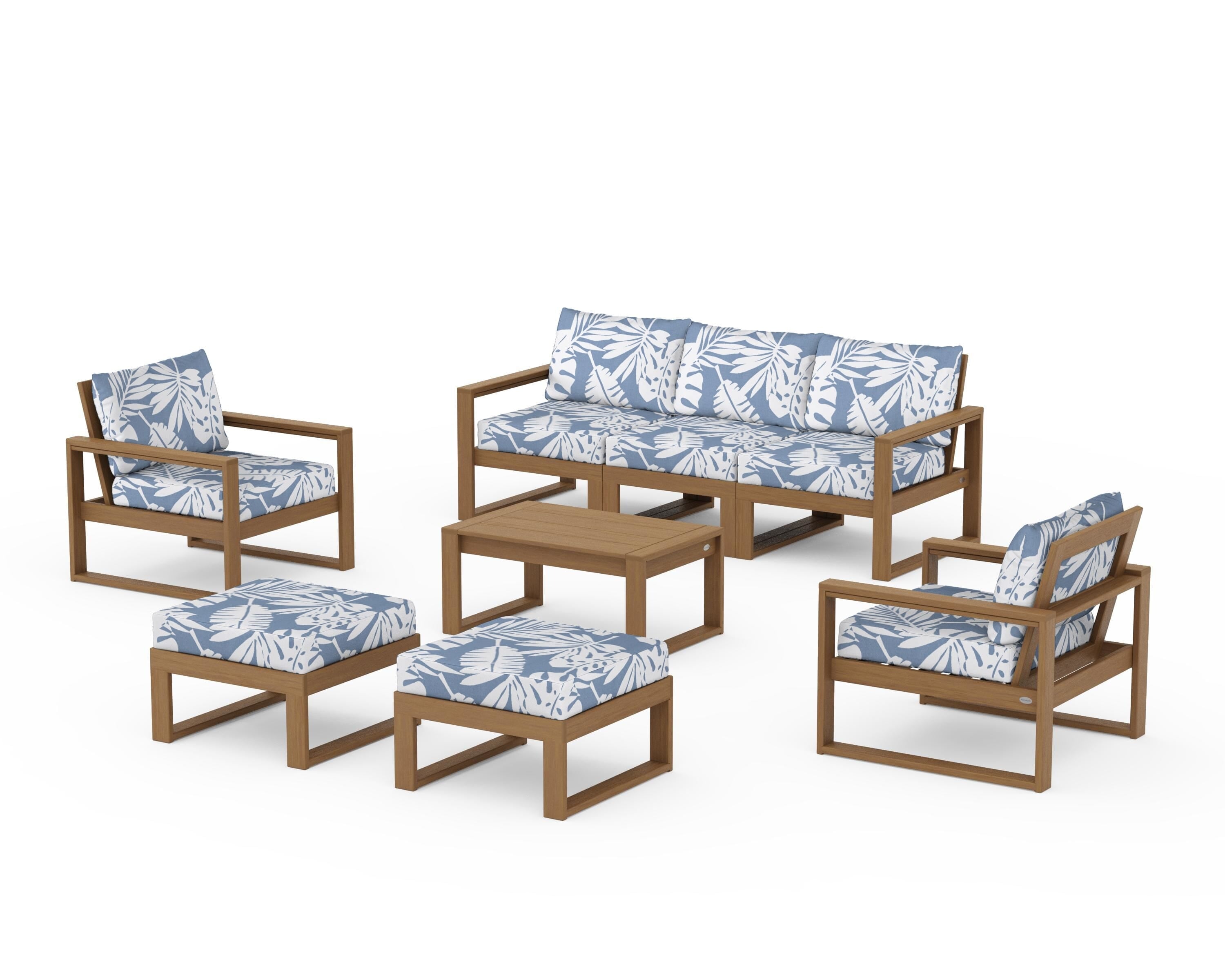 POLYWOOD EDGE Sectional 8-Piece Lounge Sofa Set in Natural / Leaf Sky Blue