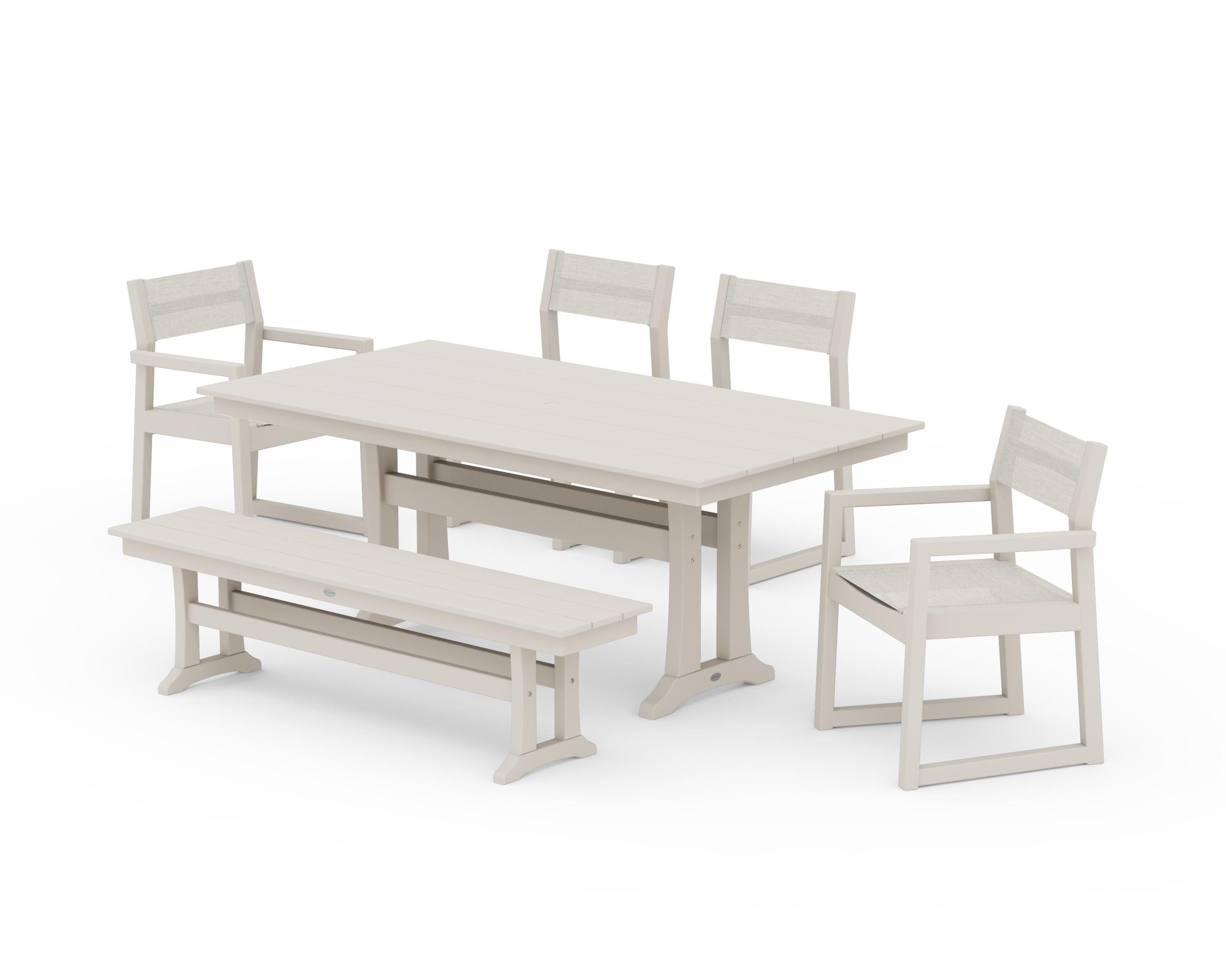 POLYWOOD EDGE Sling 6-Piece Farmhouse Dining Set With Trestle Legs in Sand / Parchment Sling