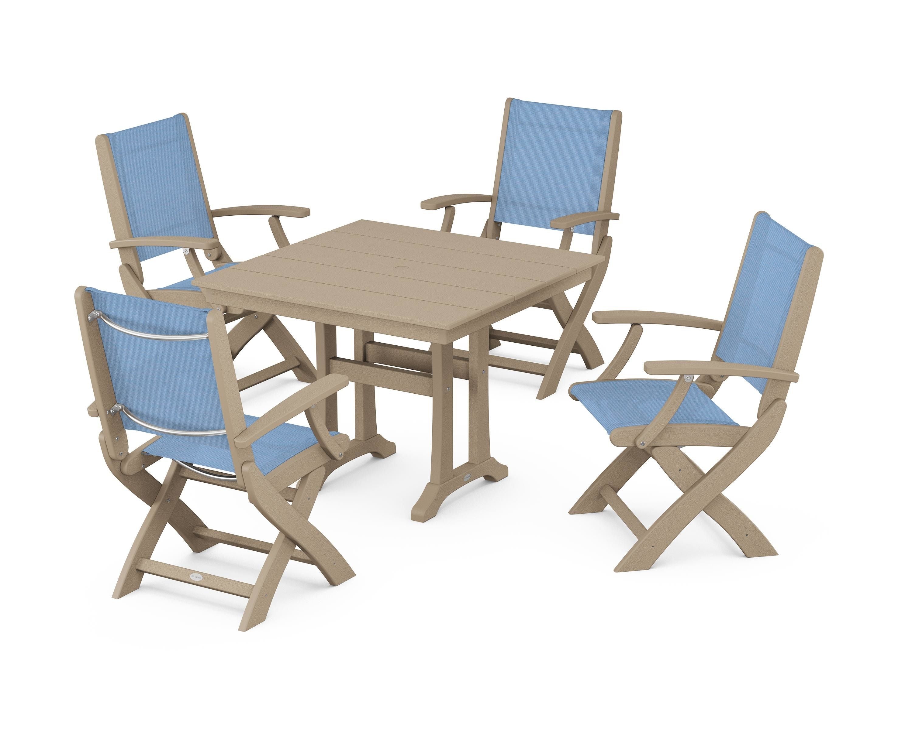 POLYWOOD Coastal Folding Chair 5-Piece Farmhouse Dining Set With Trestle Legs in Vintage Sahara / Poolside Sling