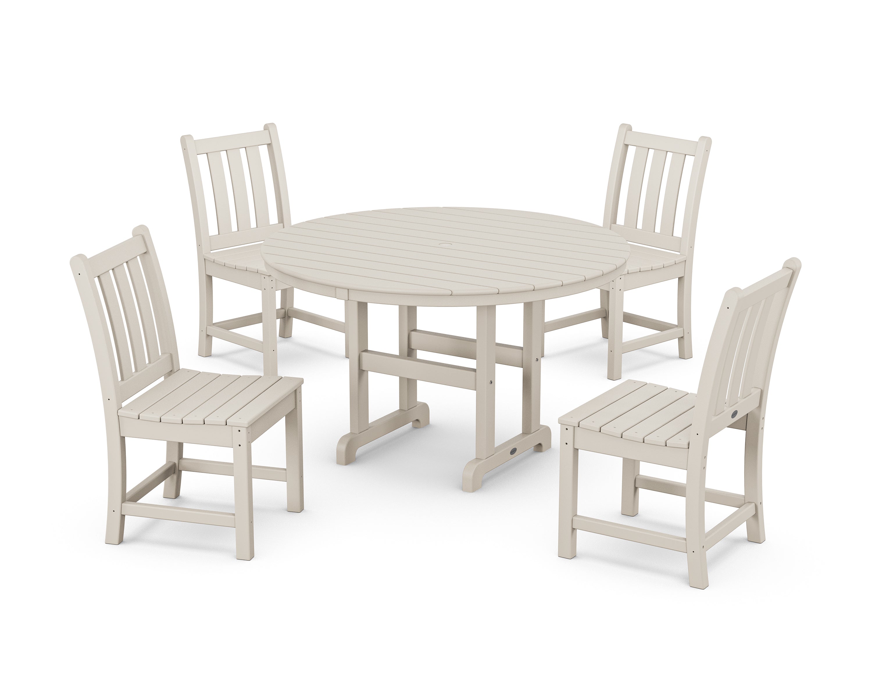 POLYWOOD® Traditional Garden Side Chair 5-Piece Round Farmhouse Dining Set in Sand