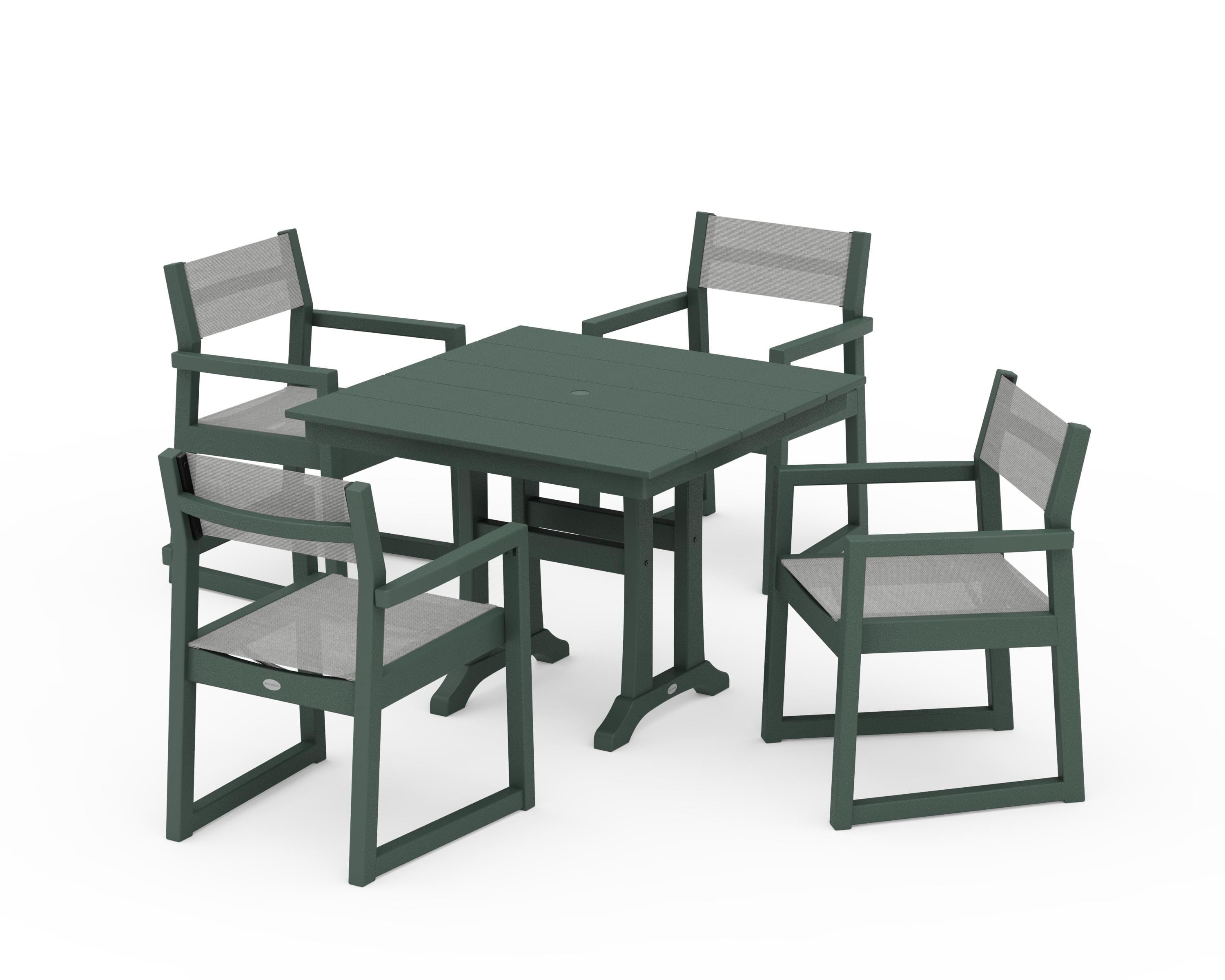 POLYWOOD EDGE Sling 5-Piece Farmhouse Dining Set with Trestle Legs in Green / Metallic Sling