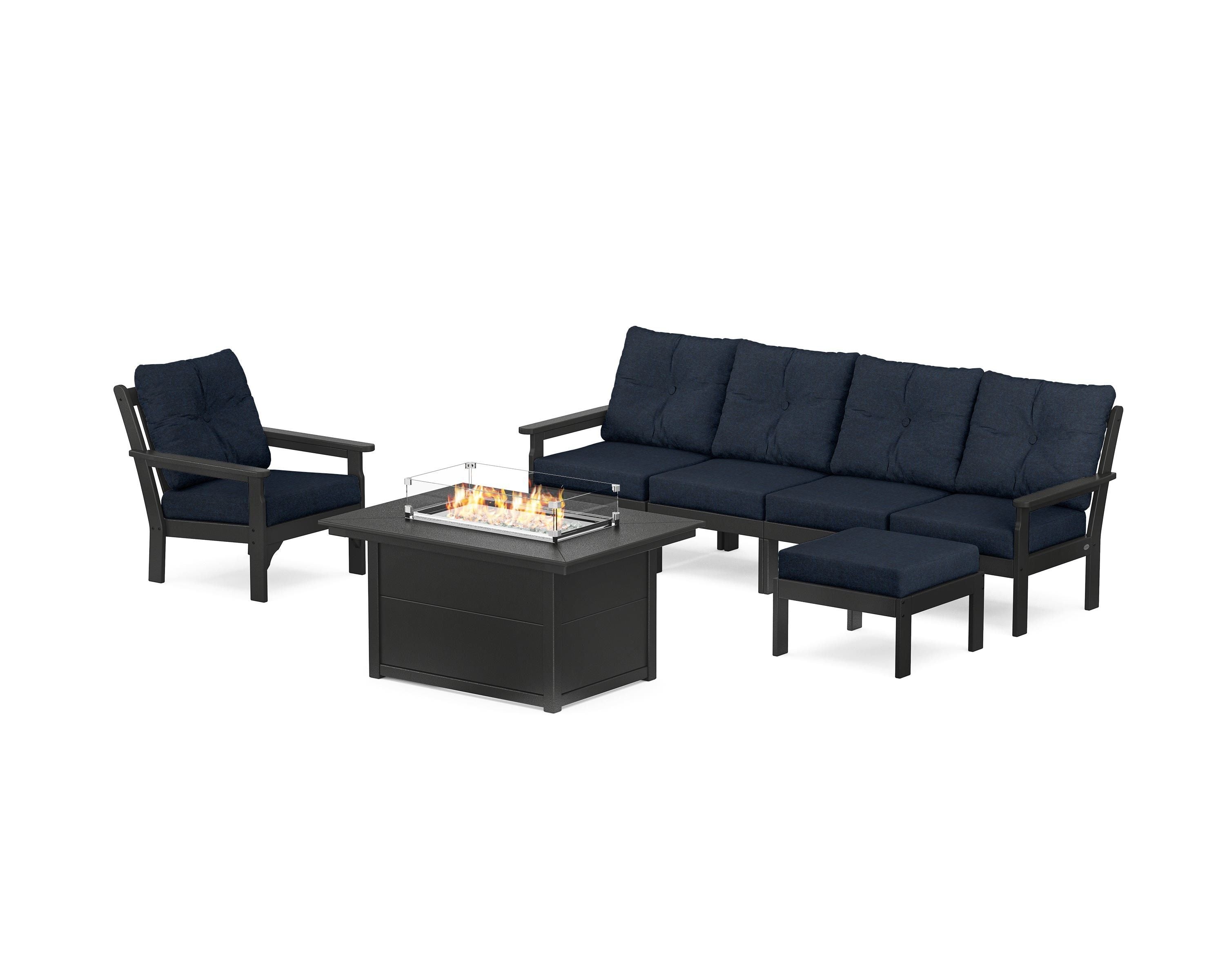 POLYWOOD Vineyard Sectional Lounge and Fire Pit Set in Black / Marine Indigo