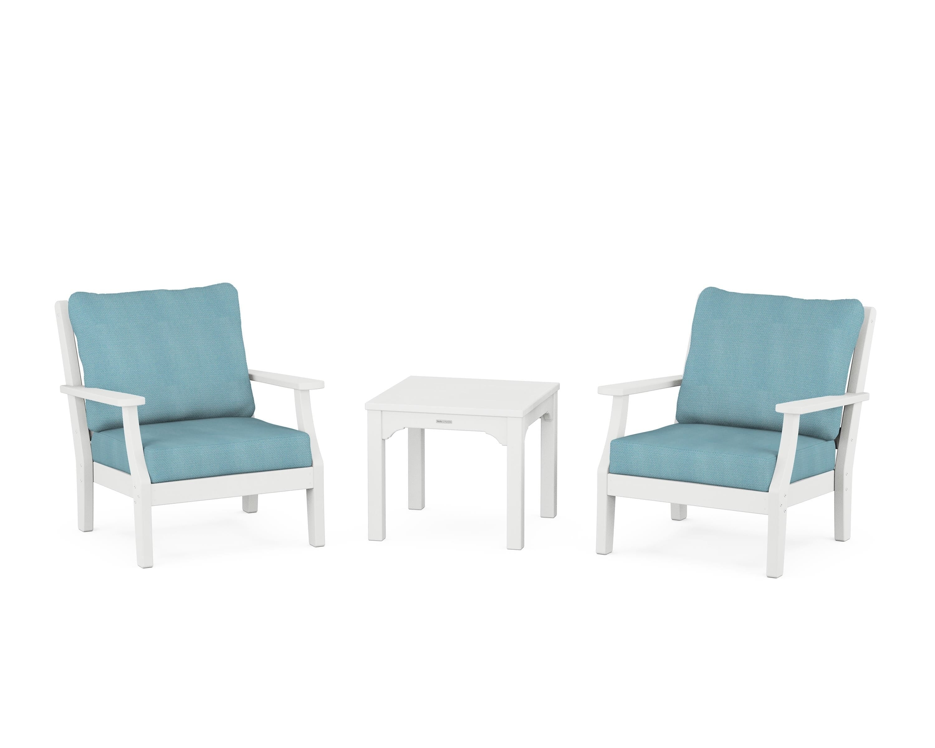 Martha Stewart by POLYWOOD Chinoiserie 3-Piece Deep Seating Set in White / Lattice Sky Blue