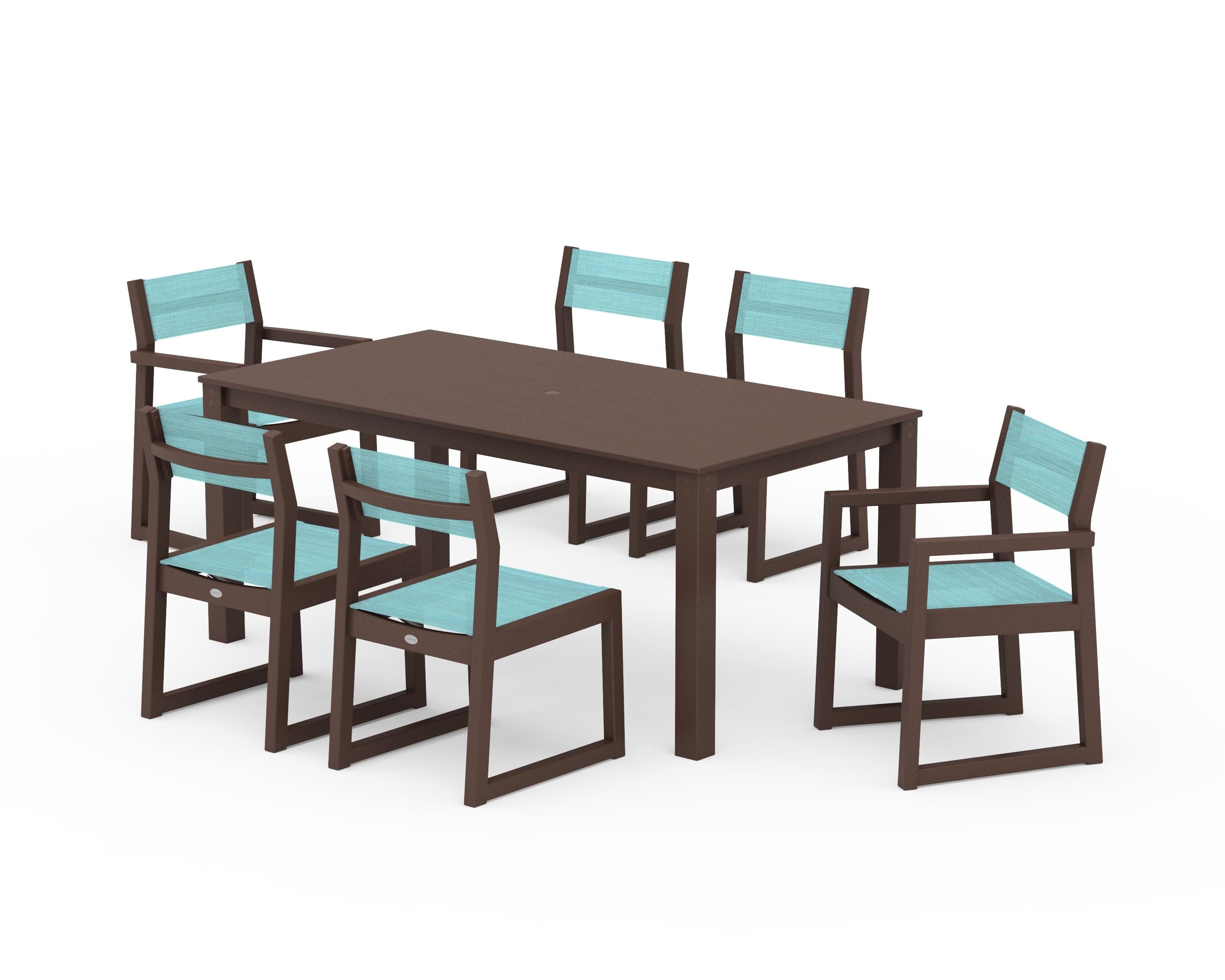 POLYWOOD EDGE Sling 7-Piece Parsons Dining Set in Mahogany / Dupioni Aquamarine Sling