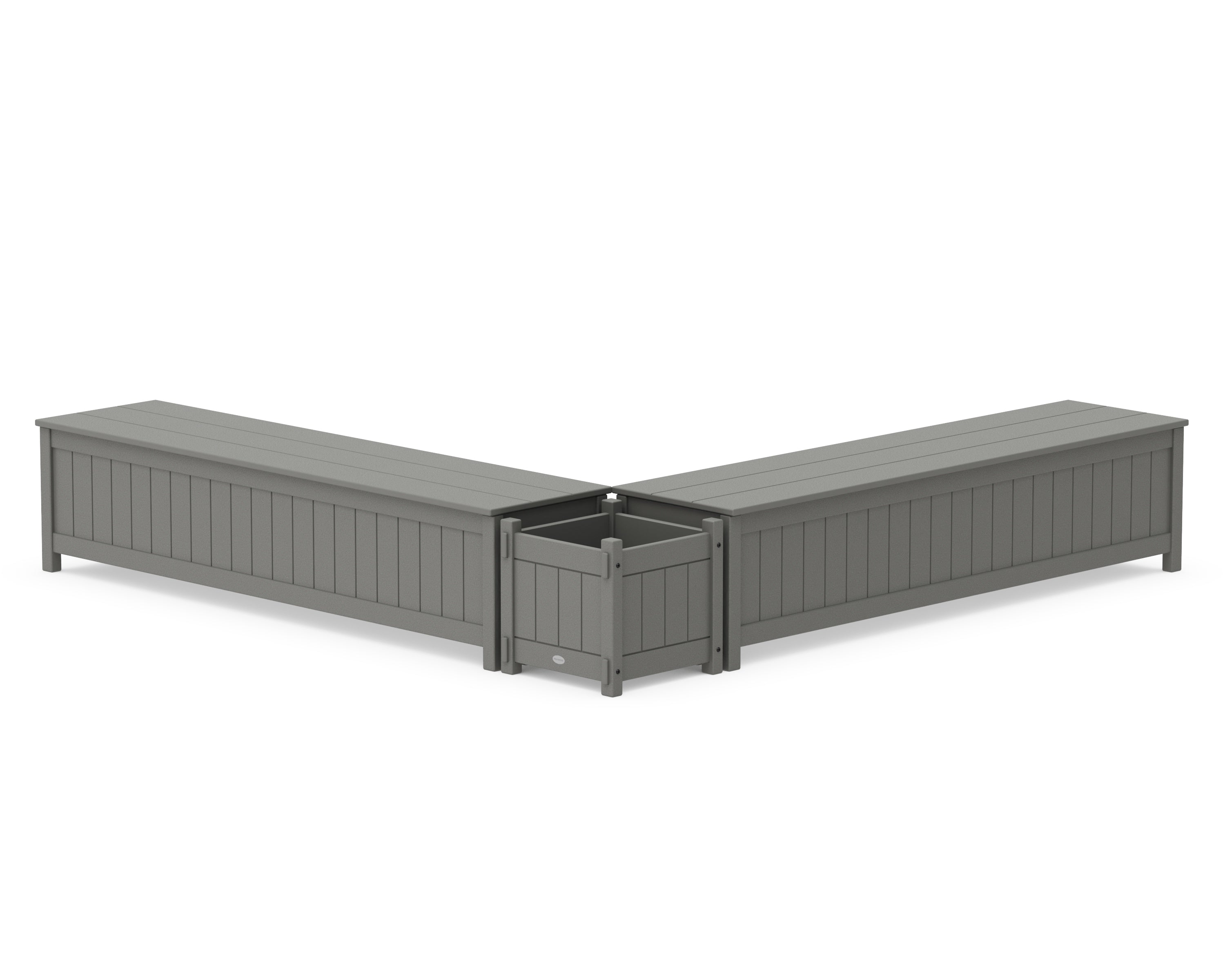 POLYWOOD 72" Vineyard L- Shaped Planter Storage Bench Set in Slate Grey