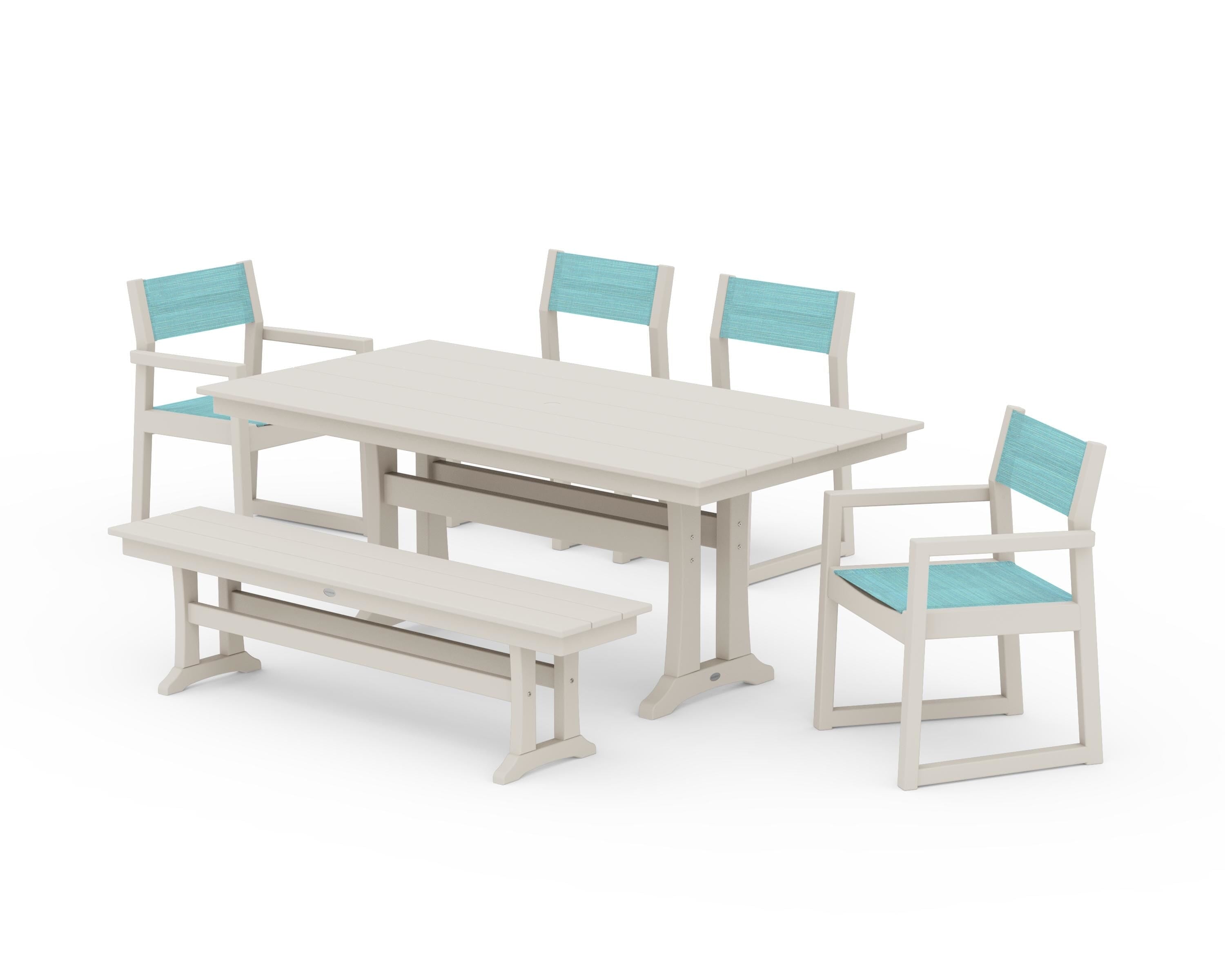 POLYWOOD EDGE Sling 6-Piece Farmhouse Dining Set With Trestle Legs in Sand / Dupioni Aquamarine Sling